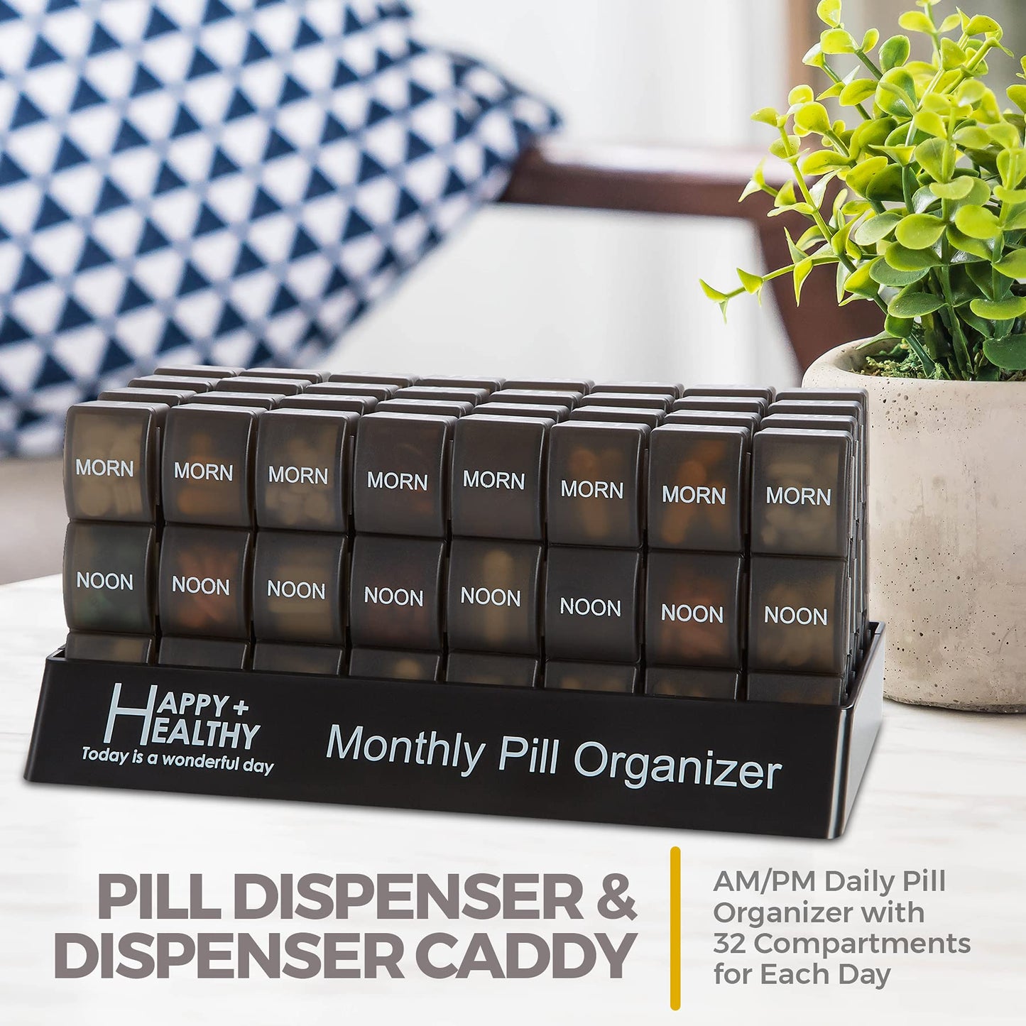 Month Pill Box Organizer - 32 Compartments | Morning-Noon-Night - 30 Day Pill Case with 32 Daily Compartments for Vitamins, Supplements, Medication - Travel Monthly Pill Organizer 3 Times-a-Day, Black