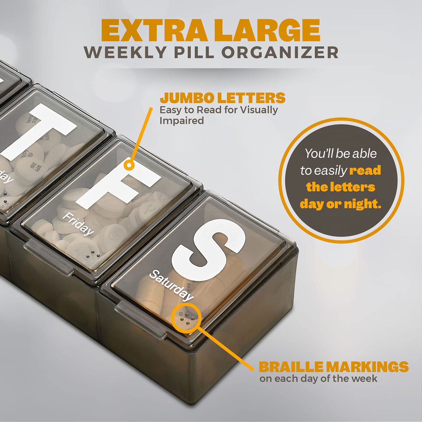 Weekly Pill Organizer - Extra Large with Easy to Read Jumbo Letters Vitamin Container, BPA Free - Daily Travel 7 Day Medication Pill Box Case, (Black)