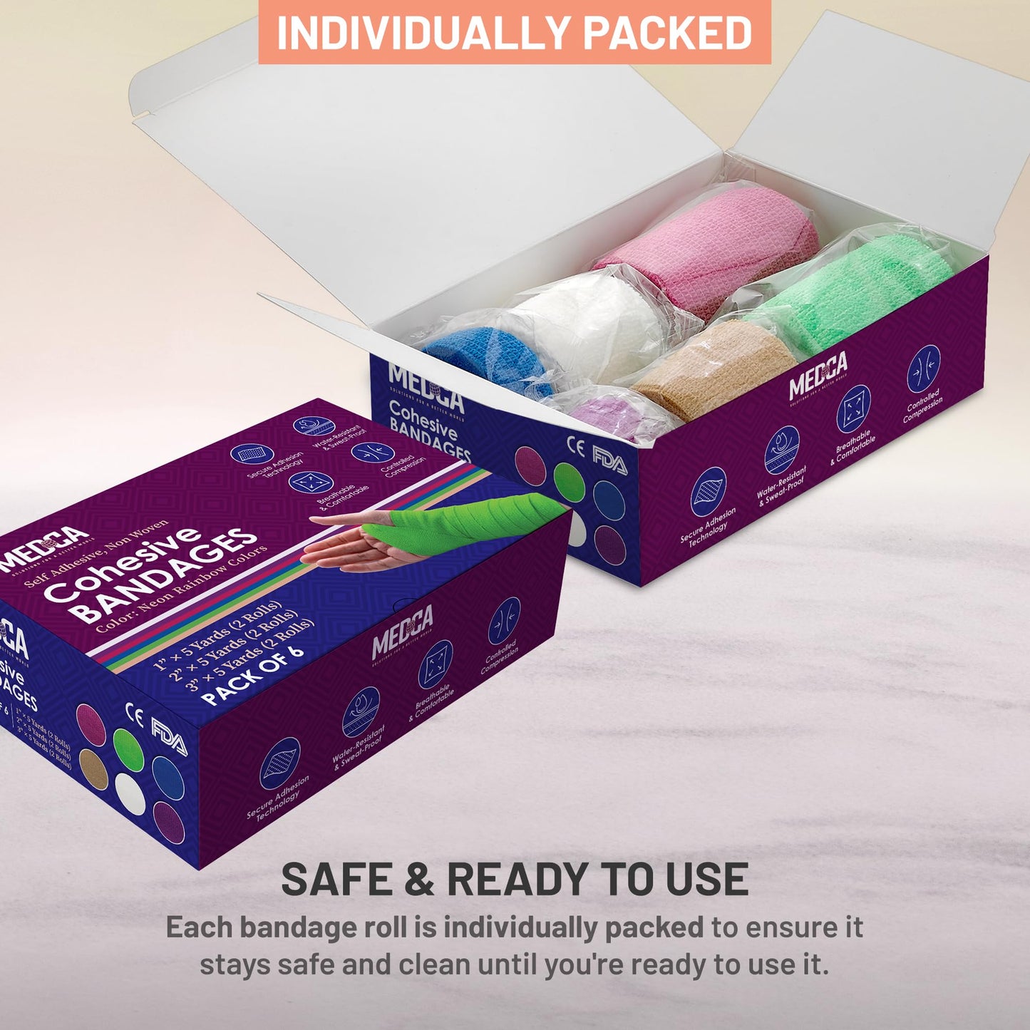 Self Adherent Cohesive Tape Rolls - Pack of 12 - 1" 2" 3"x5 Yards Combo Pack, Self Adhesive Bandage Rolls & Sports Athletic Wrap for Ankle, Wrist, Sprains and Swelling, Vet Wraps (Bright Neon Colors)