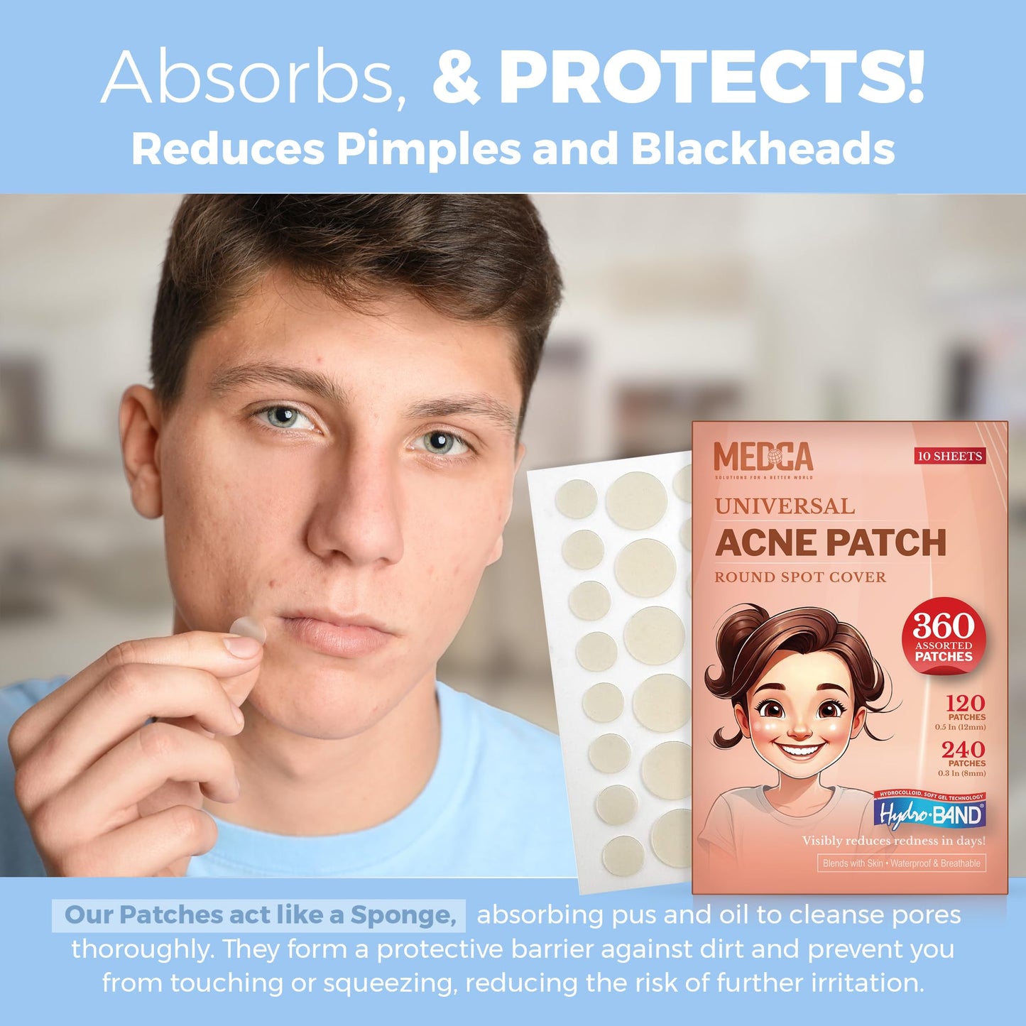 Acne Patches for Face - Hydrocolloid Bandages (360 Count) Pimple Patches for Face in 2 Universal Sizes, Acne Spot Treatment Care for Face & Skin Spot Patch Conceals Zits, Acne and Blackheads