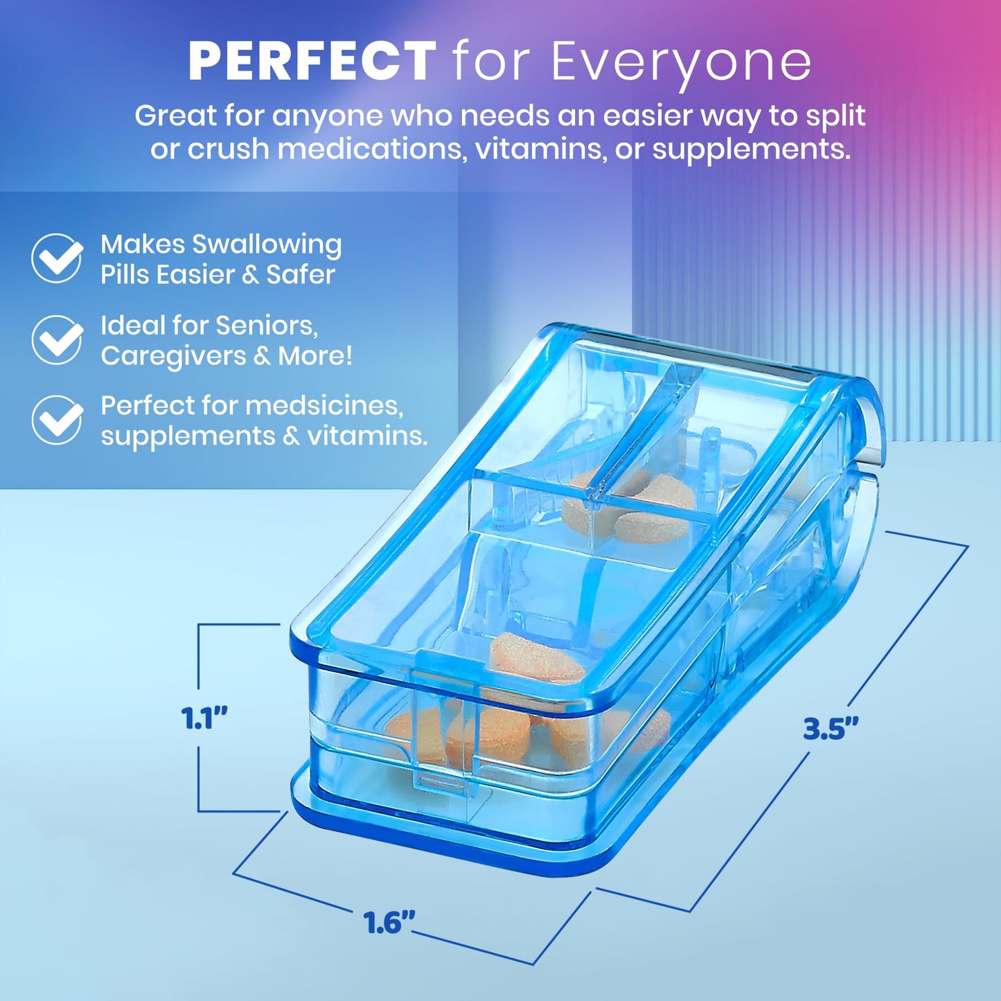 Pill Cutter - V- Grip Pill Crusher and Cutter for Vitamins, Big & Small Pills, and Medication - Transparent Pill Splitter with Pill Holder Case to Split