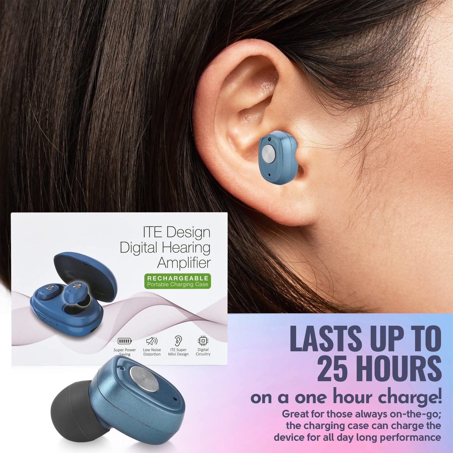 Rechargeable Hearing Amplifier Pair w/ Noise Cancelling, Digital Sound Device for Seniors & Adults - ITC Nano Personal Amplifier - One Touch Control & Low Sound Distortion Hearing Assist Device, Blue