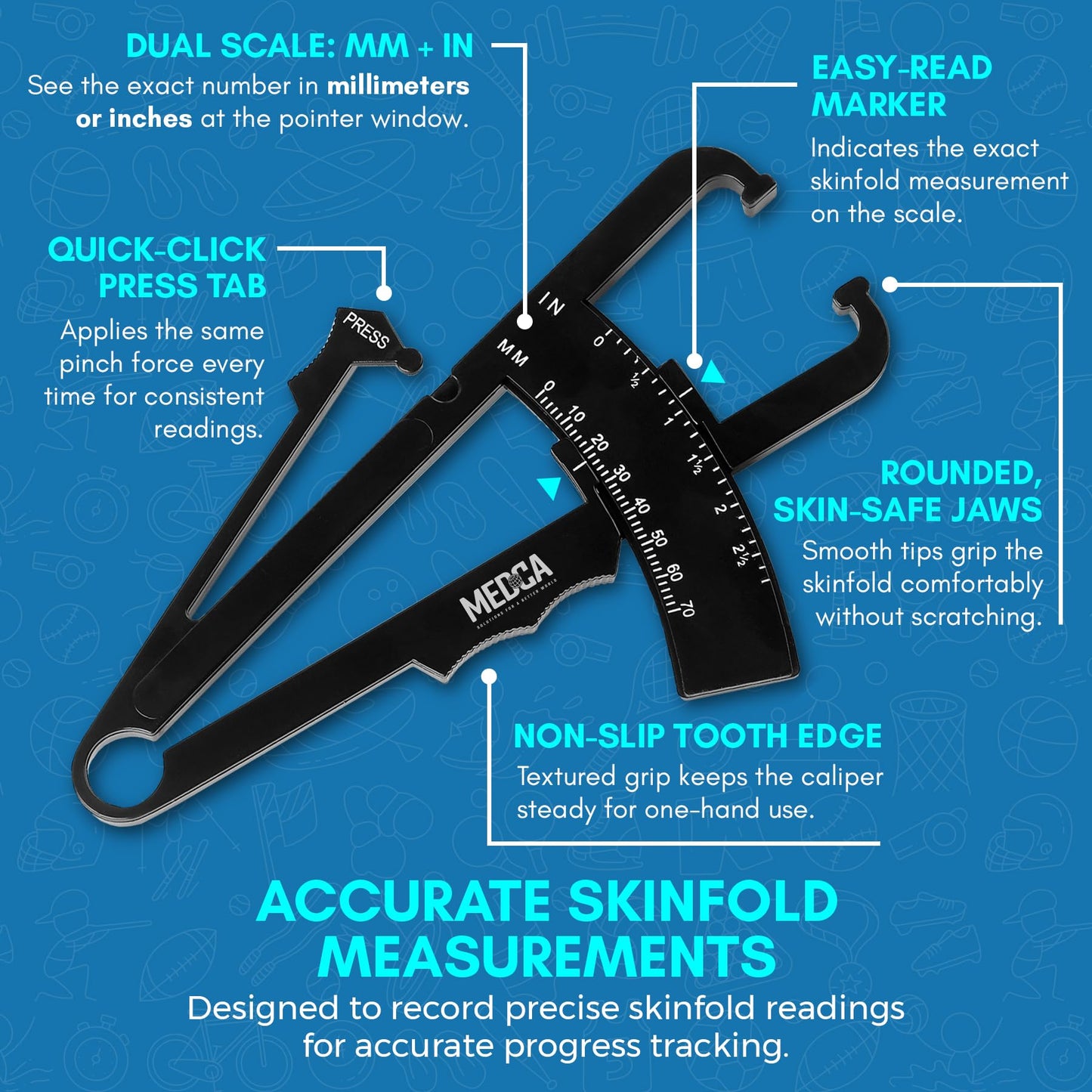 Skinfold Body Fat Caliper - Skin Fold Body Fat Analyzer and Handheld BMI Measurement Tool Skinfold Caliper Device Measures Body Fat for Men and Women by MEDca - (Pack of 2, Black)