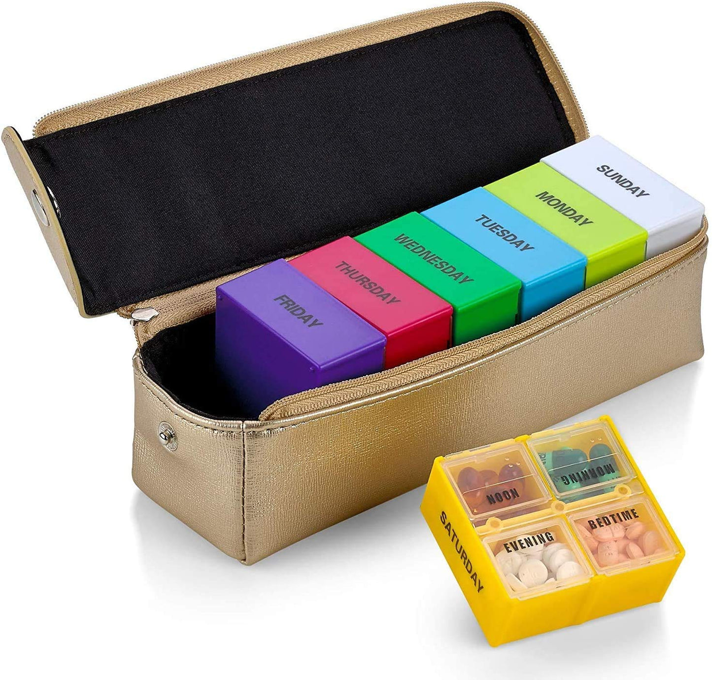 Large Weekly Pill Organizer Box in Gold Leather Case - 7 Day Week Pill Planner Organizers & Medication Reminder with 4 Times a Day - Daily Compartments that is Ideal for Travel by MEDca