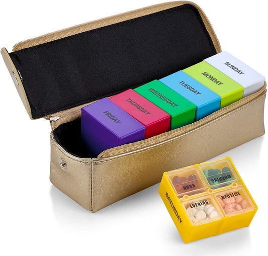 Large Weekly Pill Organizer Box in Gold Leather Case - 7 Day Week Pill Planner Organizers & Medication Reminder with 4 Times a Day - Daily Compartments that is Ideal for Travel by MEDca