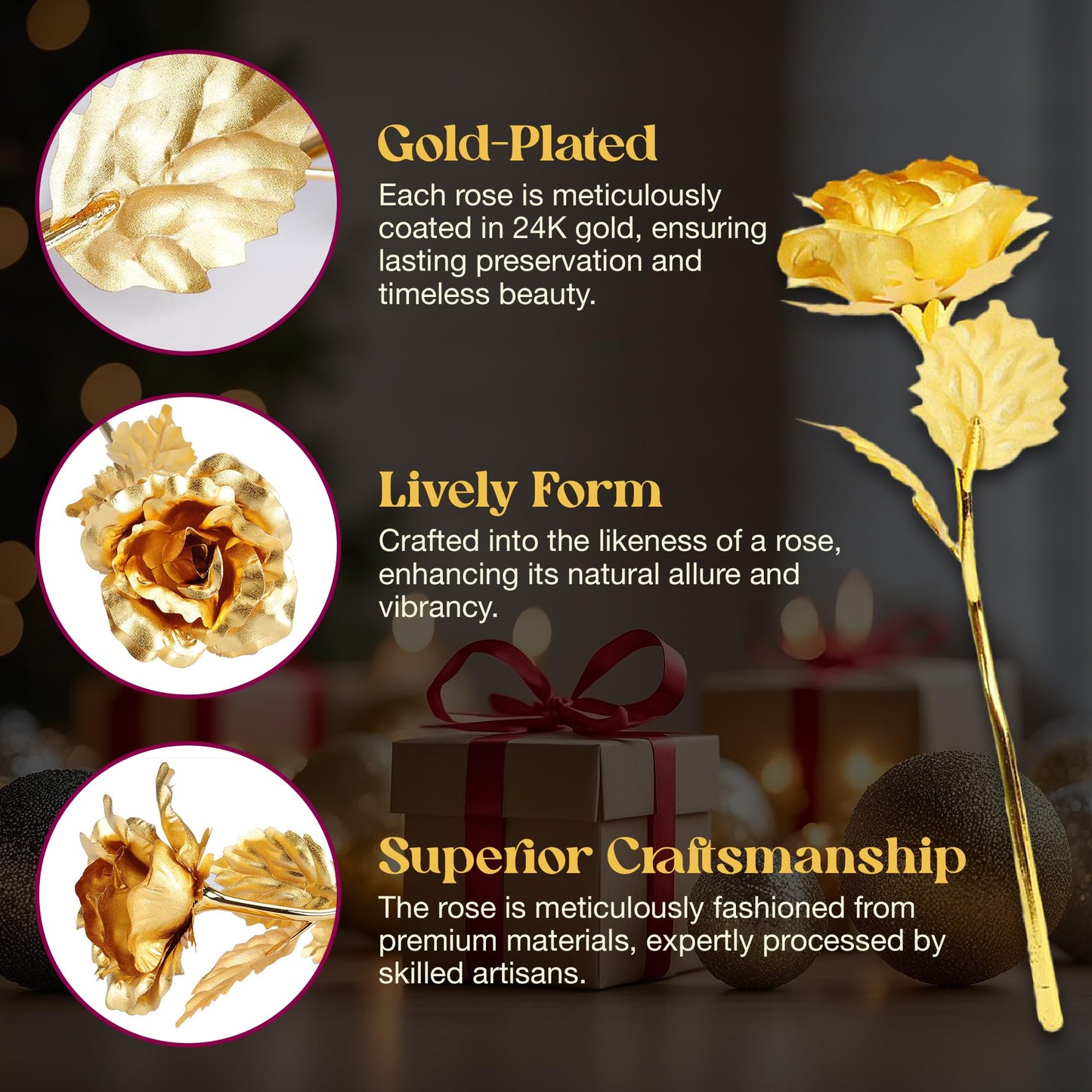 24k Gold Rose with Luxury Gift Box - 10-inch Golden Rose Metal Single Roses and Valentine's Day Gifts Idea for Women, Loved Ones, Mom, Wife, Girlfriend, Grandma, Mother's Day