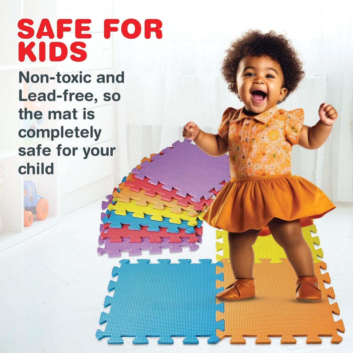 CREATIVE TIME Floor Mat 10-Tile Exercise Mat Solid Foam EVA Playmat Kids Safety - 10-Pcs of (1) Random Solid Color, Receive Either Red, Blue, Green, Yellow, Purple or Orange