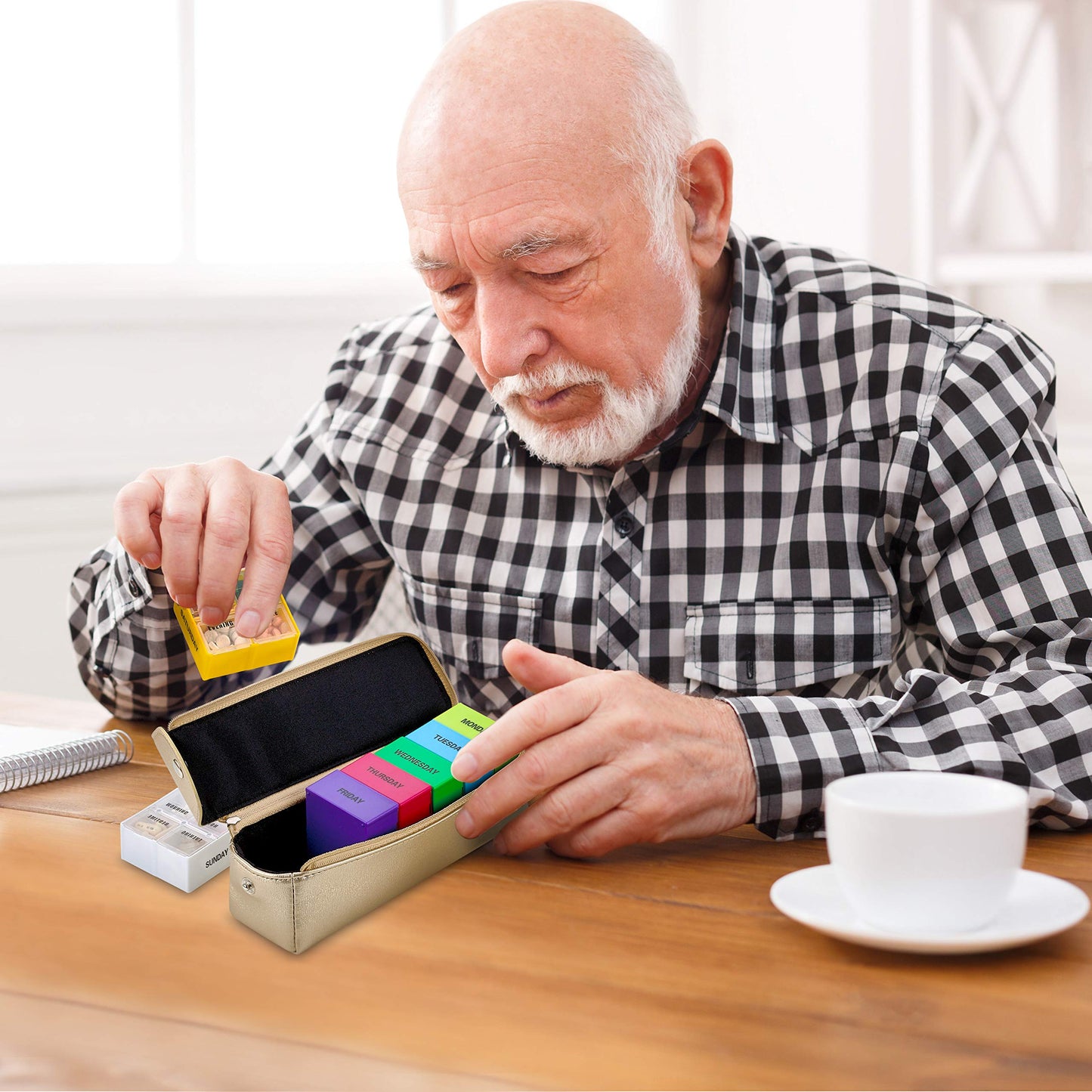 Large Weekly Pill Organizer Box in Gold Leather Case - 7 Day Week Pill Planner Organizers & Medication Reminder with 4 Times a Day - Daily Compartments that is Ideal for Travel by MEDca