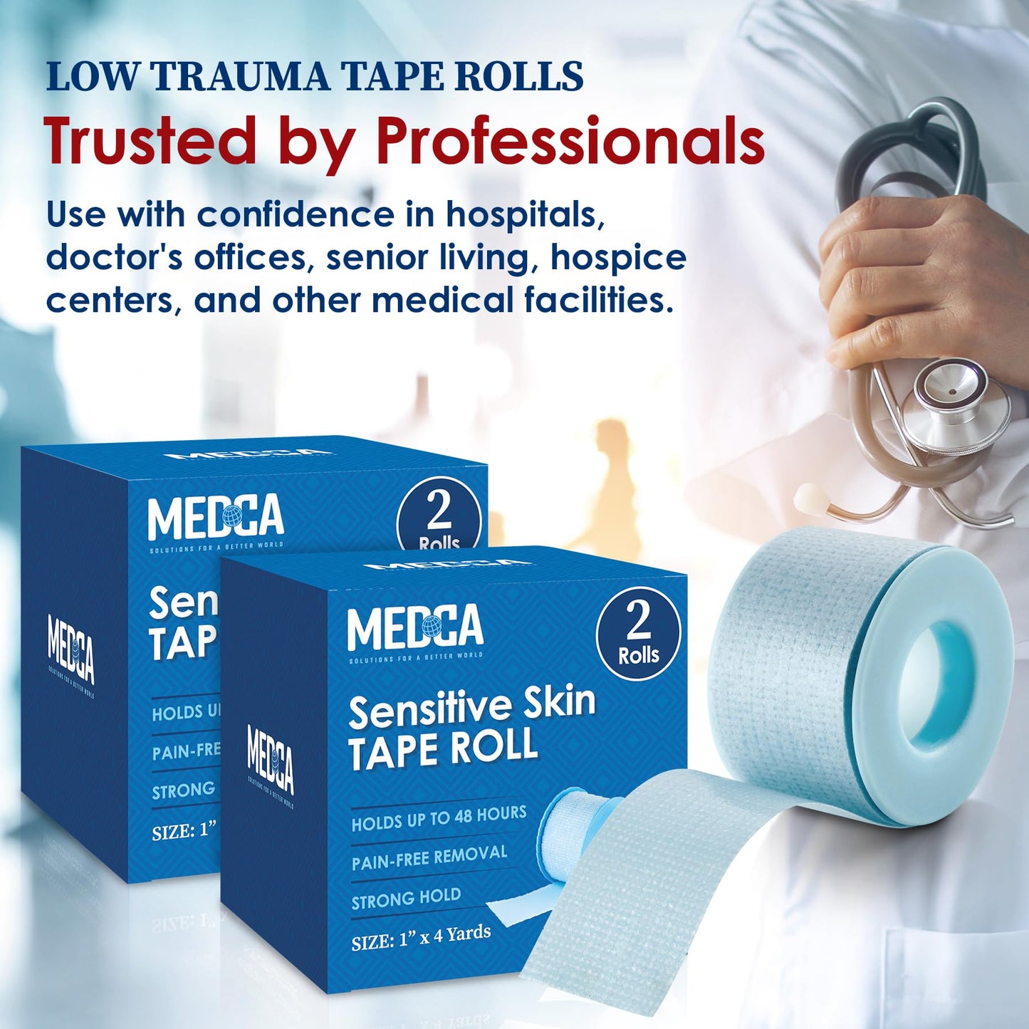 MEDca Sensitive Skin Low Trauma Tape Rolls - 1 Inch x 4 Yards Blue Tape First Aid Rolls, Minimal Hair Pulling for Wounds, Lash Tape for Eyelash Extensions, (Pack of 4)