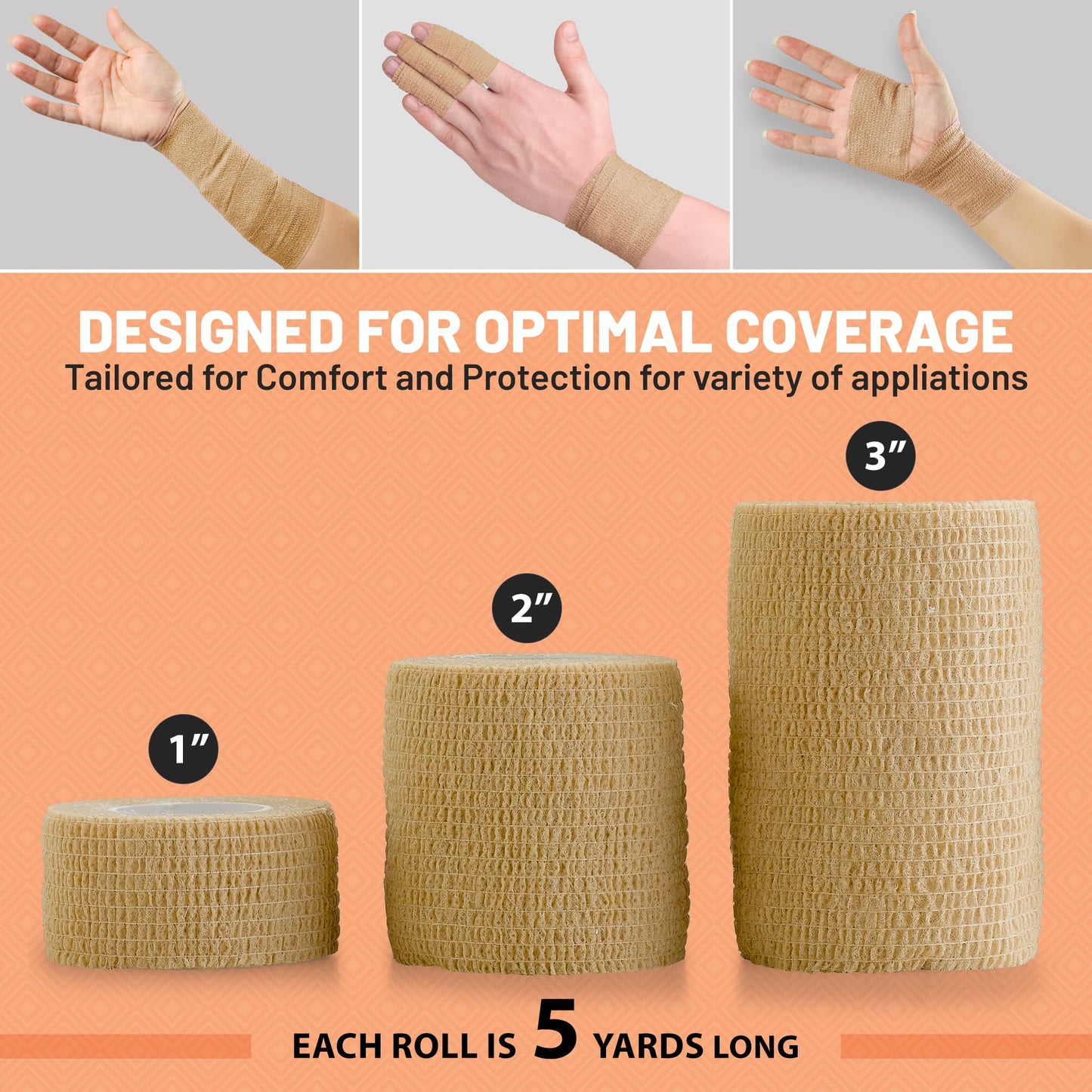 Self Adherent Cohesive Tape - (Pack of 12)1” 2" 3" x 5 Yards, (Light Tan) Self Adhesive Bandage Rolls & Sports Athletic Wrap for Ankle, Wrist, Sprains