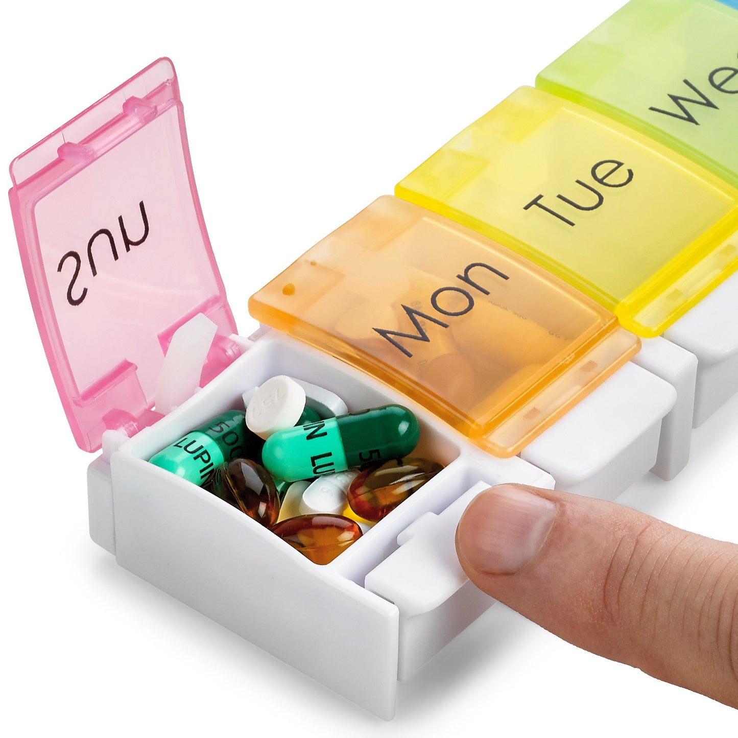 7 Day Pill Organizer - with Push Button Assisted Open a Daily Travel Pill Box Case Planner and Large Compartments for Medication Vitamins Fish Oil & Supplements, BPA Free