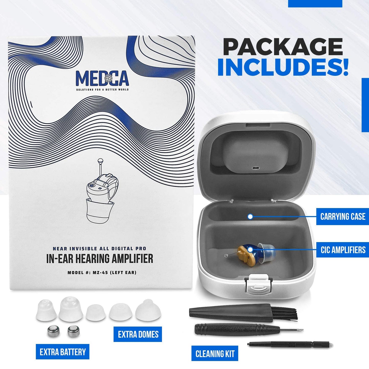 Premium Digital Hearing Amplifier - Invisible in Canal (CIC) In-Ear Mini Sound Enhancer, Near-Invisible, Noise Cancelling, Personal Sound Hearing Amplifier - Left Ear, Blue - MZ-45