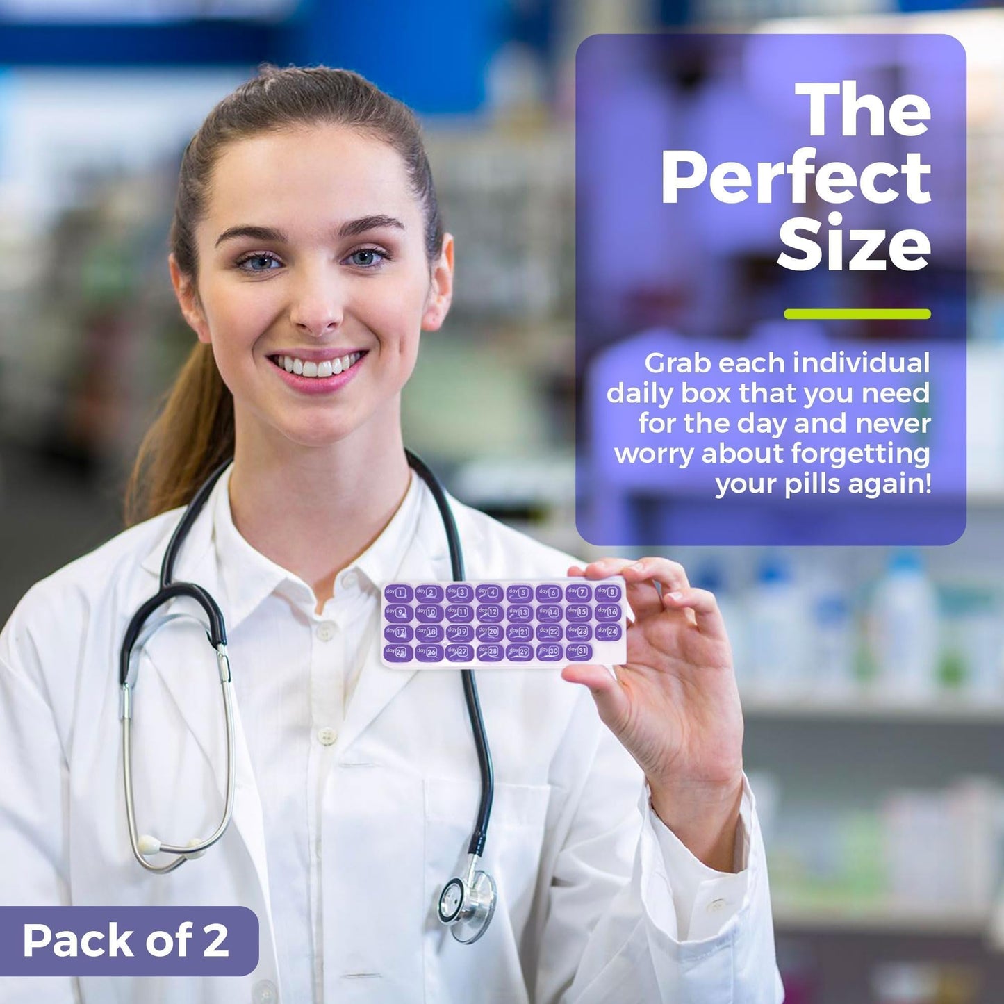 Monthly Pill Organizer - (Pack of 2) 31 Day Pill Organizer with Large Removable Medication Pods, Portable Pill Case Box and Holder for Daily Medicine and Vitamins for Travel, Purple