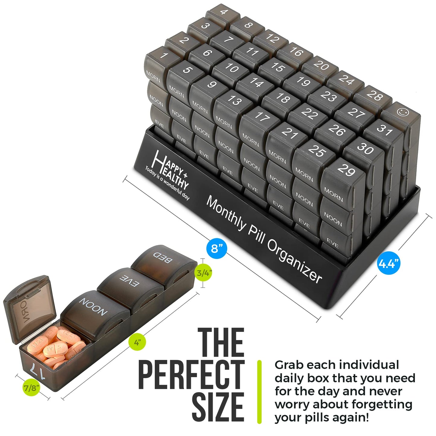 Month Pill Box Organizer - 4 Times-a-Day Morning-Noon-Evening-Night - Large 32 Daily Pill Cases with Compartments for Vitamins, Supplements, Medication -Travel Monthly Pill Organizer, Black