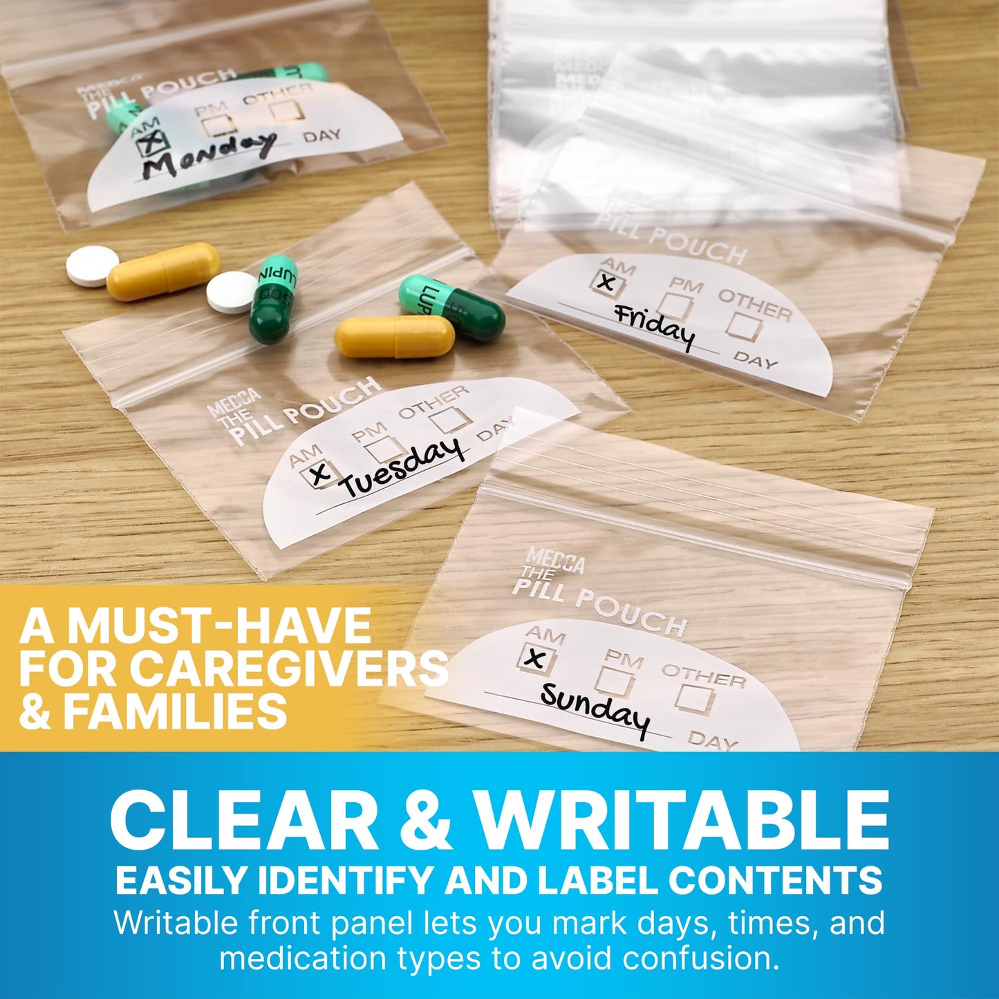 Pill Pouch Bags - (Pack of 600) 3" x 2.75" - BPA Free, Poly Bag Disposable Zipper Pills Baggies, Daily AM PM Travel Medicine Organizer Storage Pouches, Best Clear Reusable with Write-on Labels