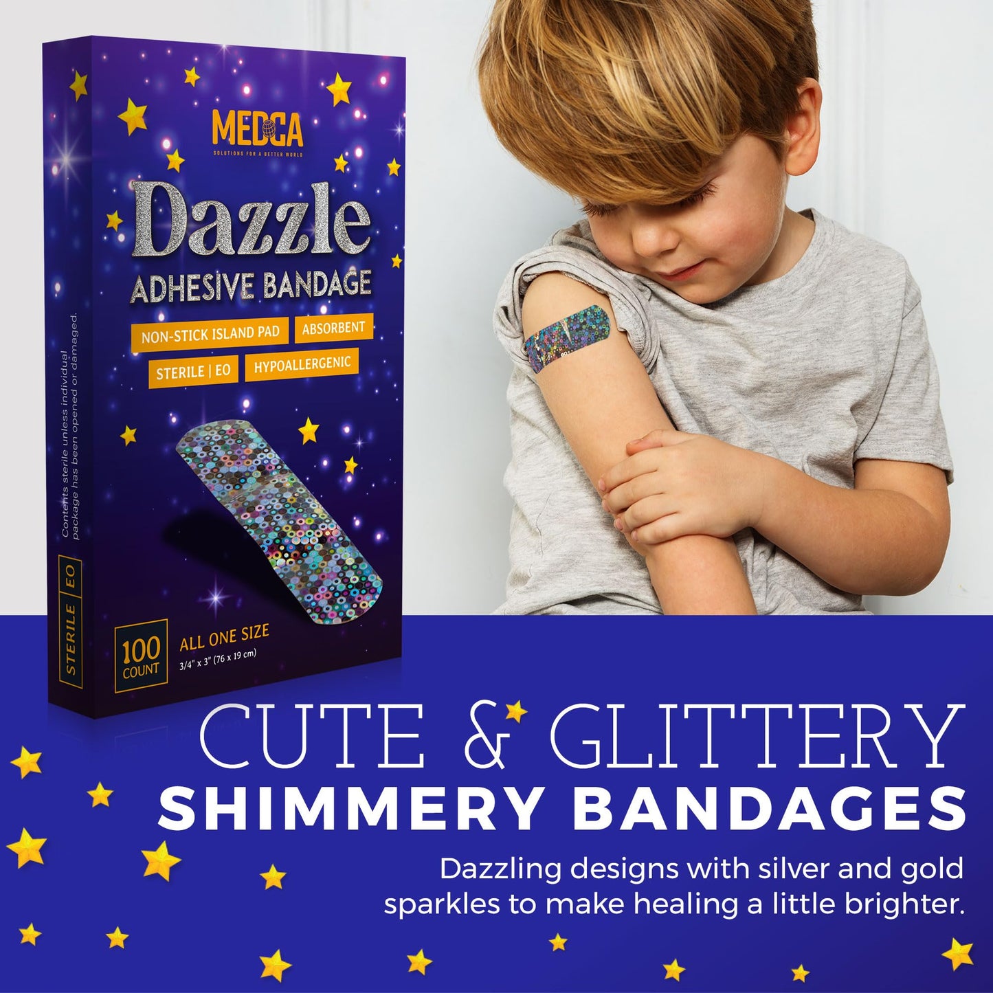 Glitter Bandages for Kids -(200 Count Box) Adhesive Bandage Strips w/Colorful Glitter Design & Latex-Free Individually Wrapped Strips for First Aid, Wound Care, Minor Cuts