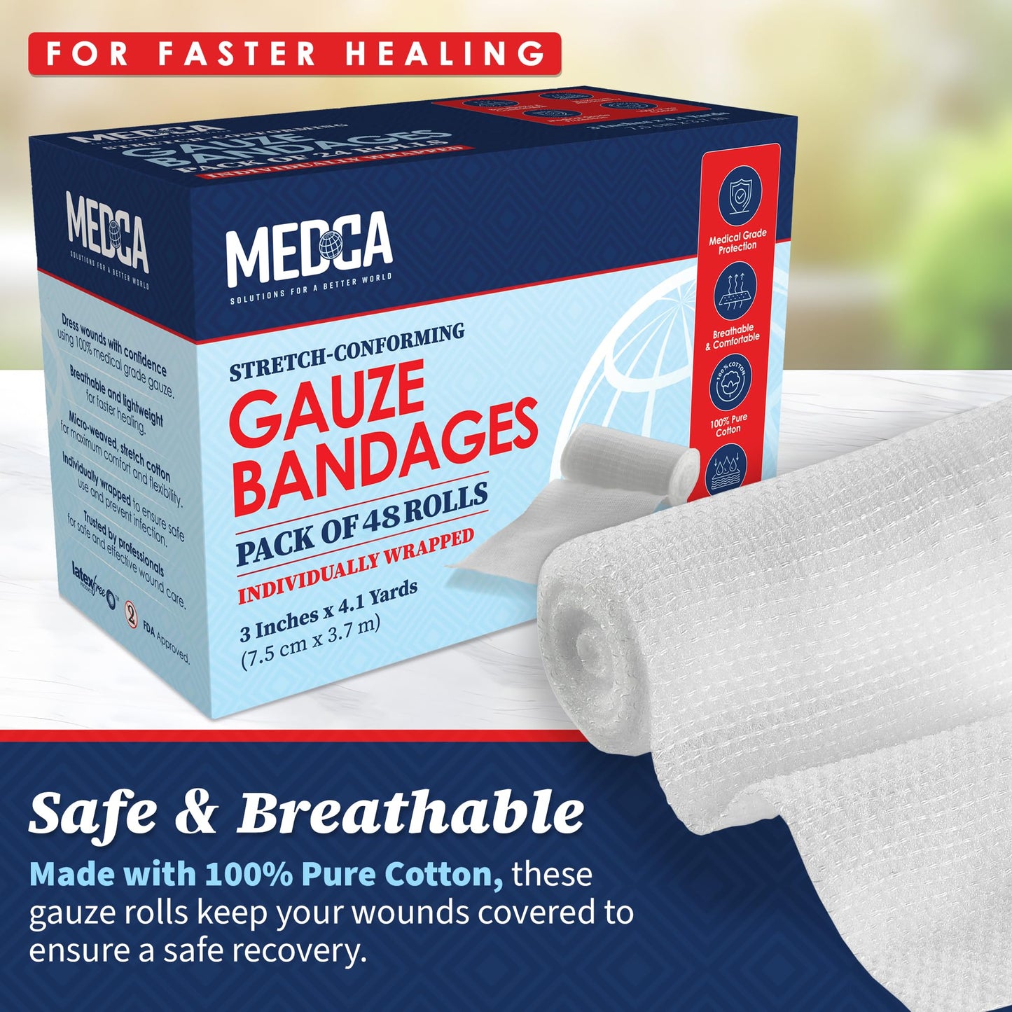Gauze Bandage Rolls - (48 Pack) 3 in x 4.1 Yards Per Roll of Medical Grade Gauze Bandage and Stretch Bandage Wrapping for Dressing All Types of Wounds and First Aid Kit by MEDca, (3-Inch, 48 Pcs)