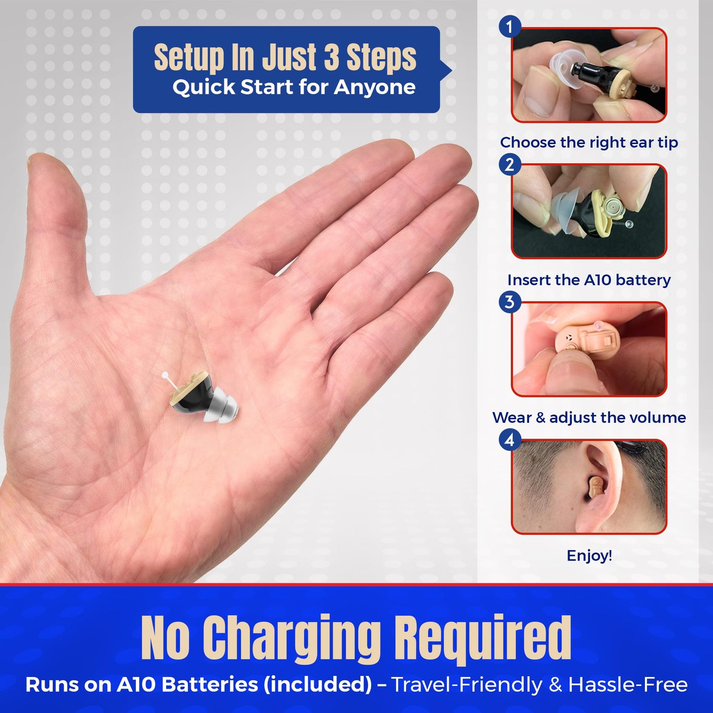 Digital Hearing Amplifier - Invisible in Canal (CIC) in-Ear Mini Sound Enhancer Set, Near-Invisible, Noise Cancelling, Personal Sound Hearing Amplifier - Black, Left Ear