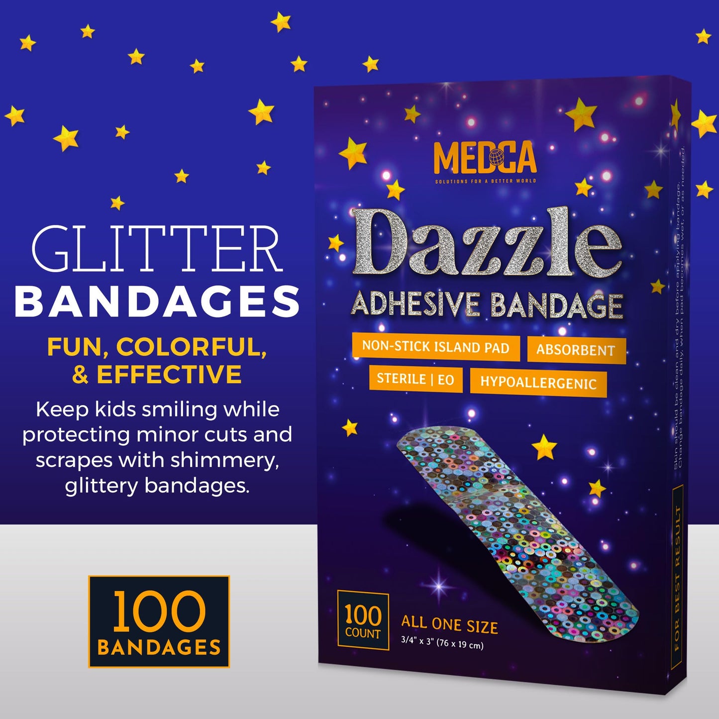 Glitter Bandages for Kids -(100 Count Box) Adhesive Bandage Strips w/ Colorful Glitter Design & Latex-Free Individually Wrapped Strips for First Aid, Wound Care, Minor Cuts, Scrapes