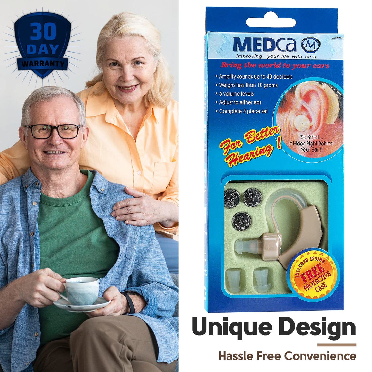 MEDca Hearing Amplifiers 2 Pack - Digital BTE Personal Sound Amplifier w/ Noise Reduction & Volume Control, LR44 Battery Powered, 6 Ear Domes, Left/Right Use, Small & Discreet