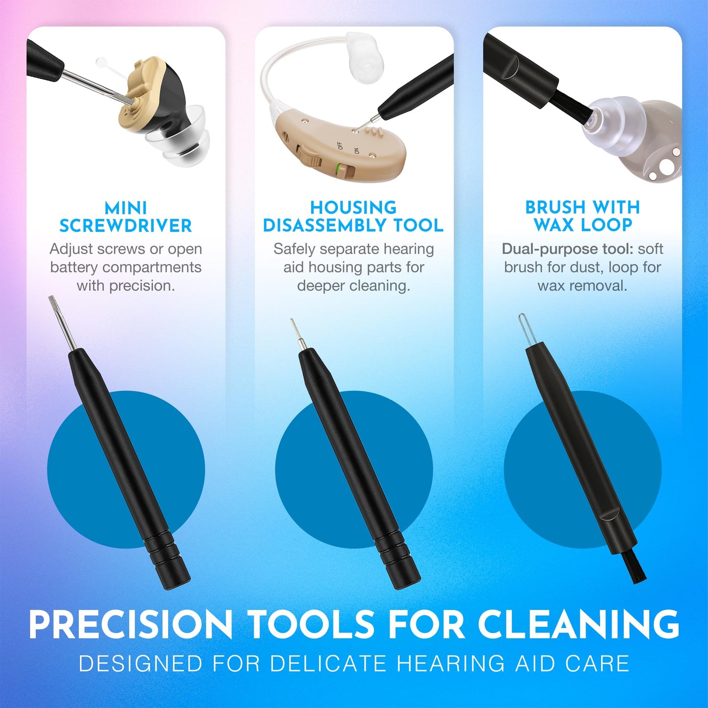 Hearing Aid Cleaning Kit - 20 Piece Tool Set with Case, 10 Hearing Aid Cleaner Wipes, and Magnifying Glass for Hearing Aids, Earbuds, Headphones, Ear Molds, Amplifiers & Small Electronics