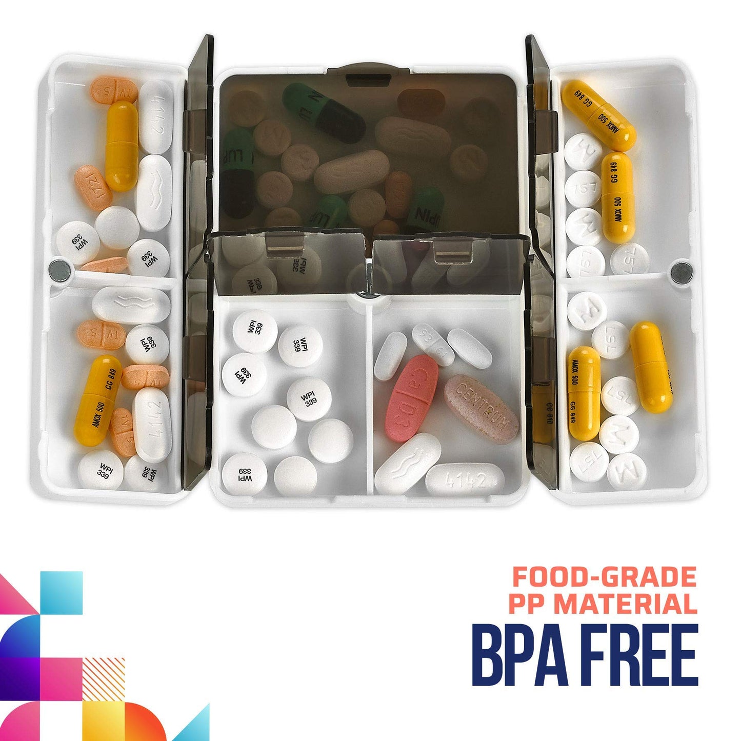 Magnetic Foldable Pill Box Case - 7 Day Weekly Medicine Organizer - Portable Compact Lightweight Pill Container with 7 Compartments, Dustproof, Air-Tight, BPA Free for Pills Vitamins and Supplements