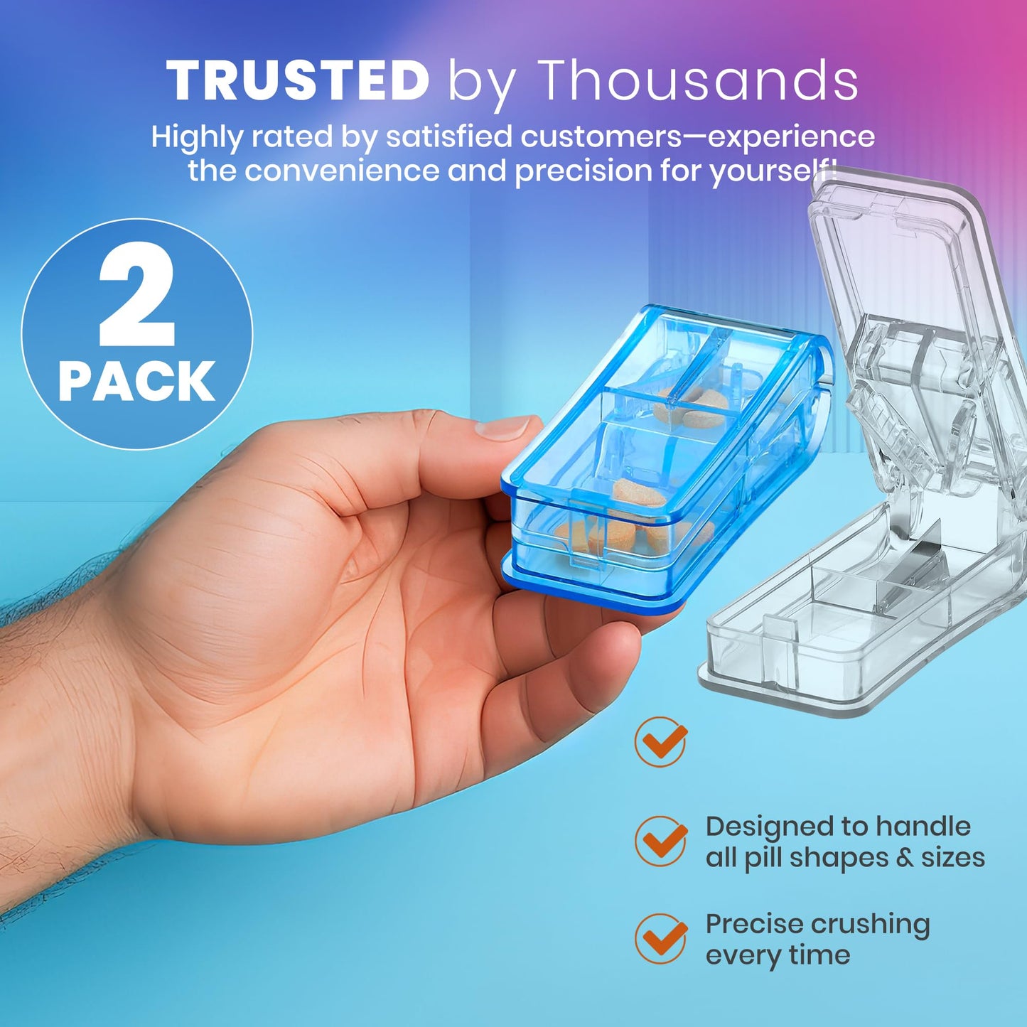 Pill Splitters - (Pack of 2) Pill Cutters with V- Grip for Small and Medication - Easily Cut Pills, Splitter | Cutter and Crusher with Pill Holder Case to Spli