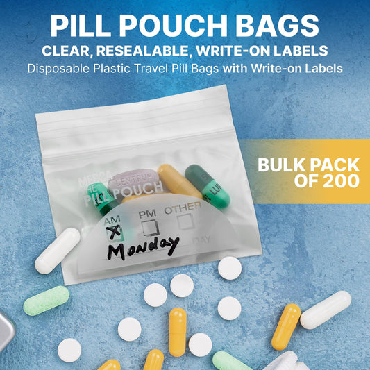 Pill Pouch Bags - (Pack of 200) 3" x 2.75" - BPA FREE, Poly Bag Disposable Zipper Pills Baggies, Daily AM PM Travel Medicine Organizer Storage Pouches, Best Clear Reusable with Write-on Labels