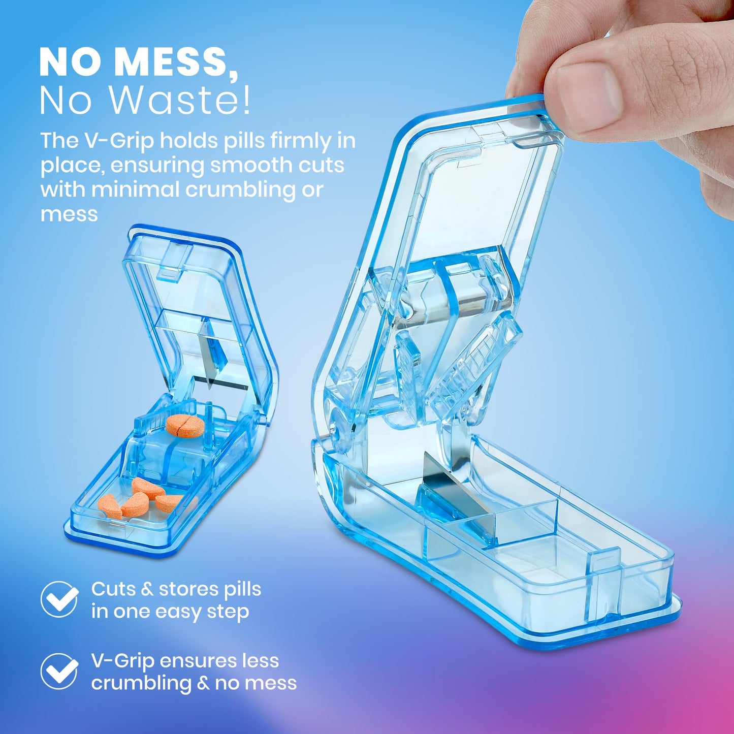 Pill Cutter - V- Grip Pill Crusher and Cutter for Vitamins, Big & Small Pills, and Medication - Transparent Pill Splitter with Pill Holder Case to Split