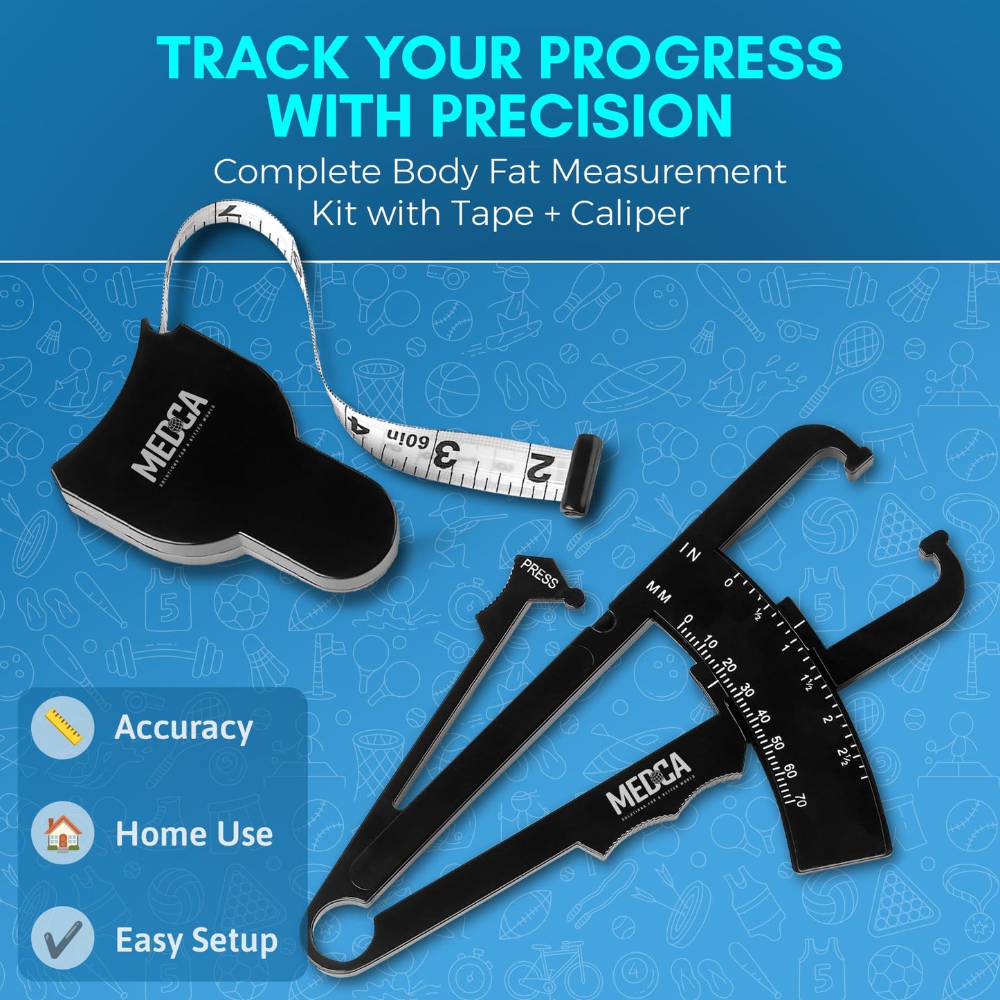 Body Tape Measure and Skinfold Caliper for Body Set - (Pack of 4) - Skin Fold Body Fat Analyzer and BMI Measurement Tool by MEDca