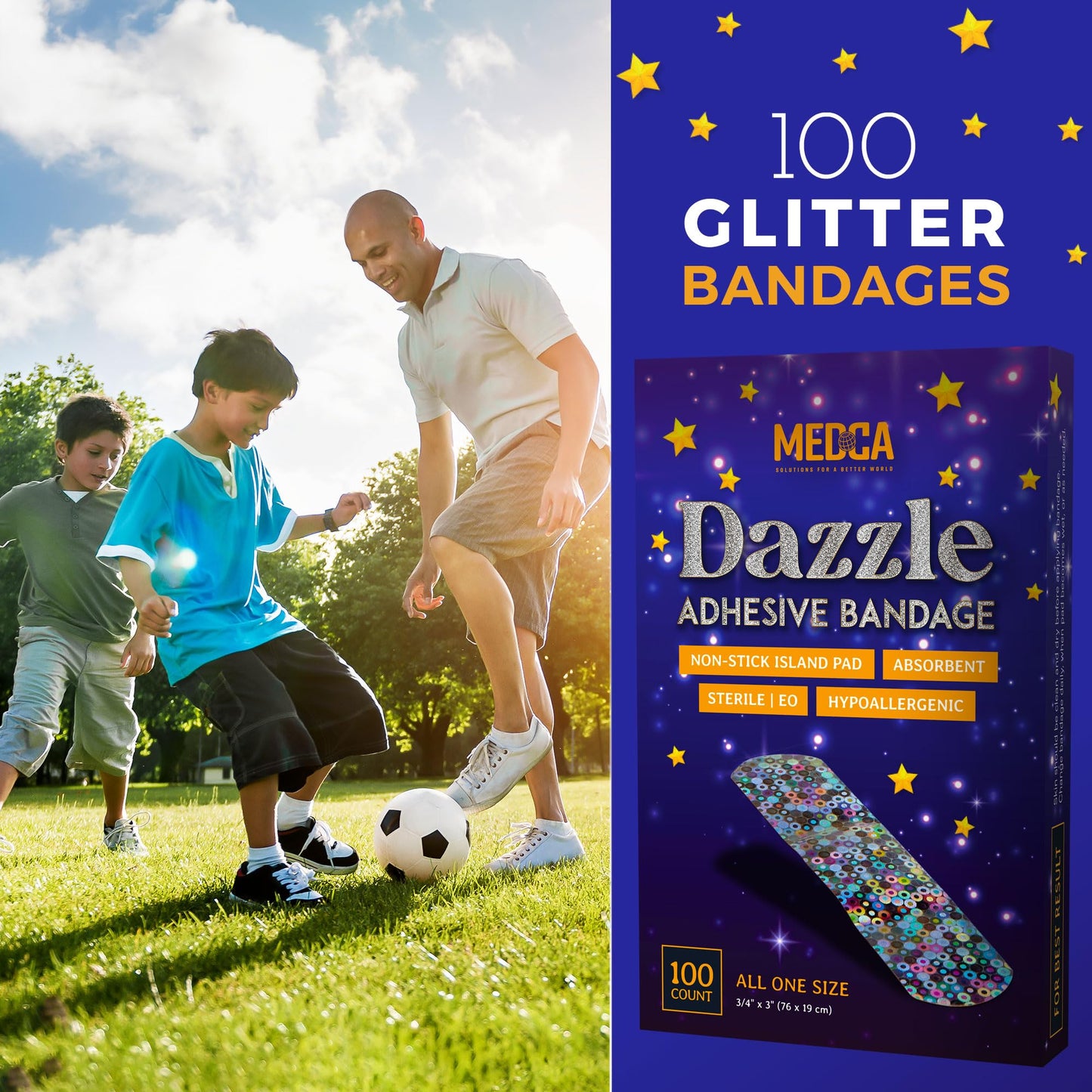 Glitter Bandages for Kids -(100 Count Box) Adhesive Bandage Strips w/ Colorful Glitter Design & Latex-Free Individually Wrapped Strips for First Aid, Wound Care, Minor Cuts, Scrapes
