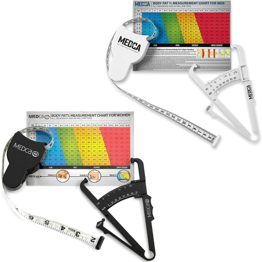 Body Fat Caliper and Measuring Tape for Body - Pack of 2 Skinfold Calipers and Body Fat Tape Measure Tools for Accurately Measuring BMI Skin Fold Fitness and Weight-Loss, (Black & White)