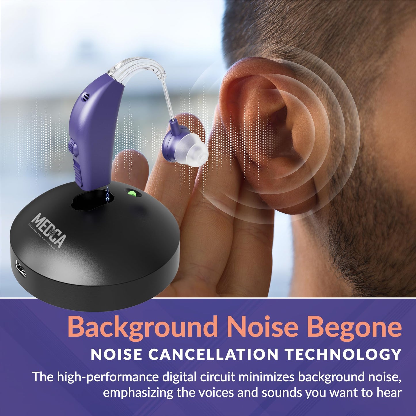 Digital Hearing Aid Amplifier Set - Rechargeable Behind the Ear Personal Sound Amplification Device - for Adults and Seniors with All-Day Battery Life, (Single Unit, Purple)