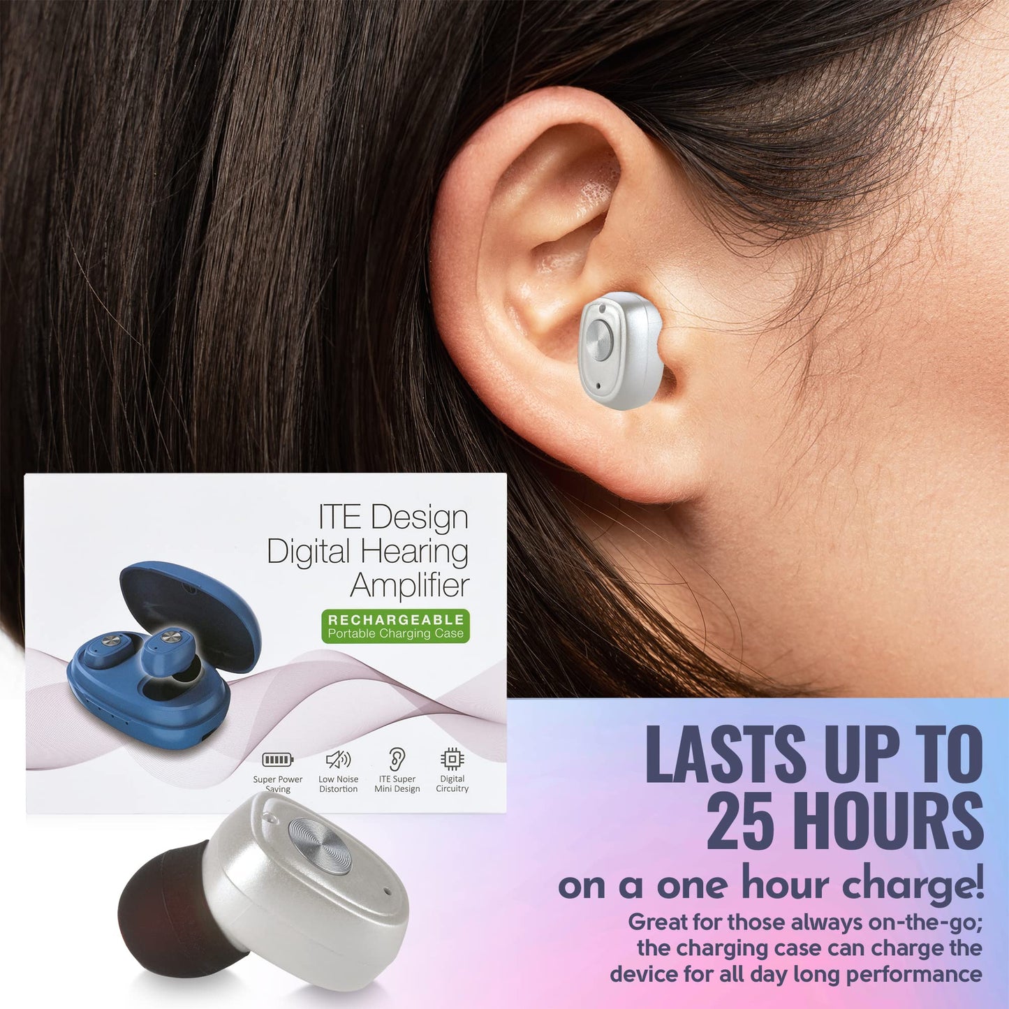 Rechargeable Hearing Amplifier Pair w/ Noise Cancelling, Digital Sound Device for Seniors & Adults - ITC Nano Personal Amplifier - One Touch Control & Low Sound Distortion Hearing Assist Device, White