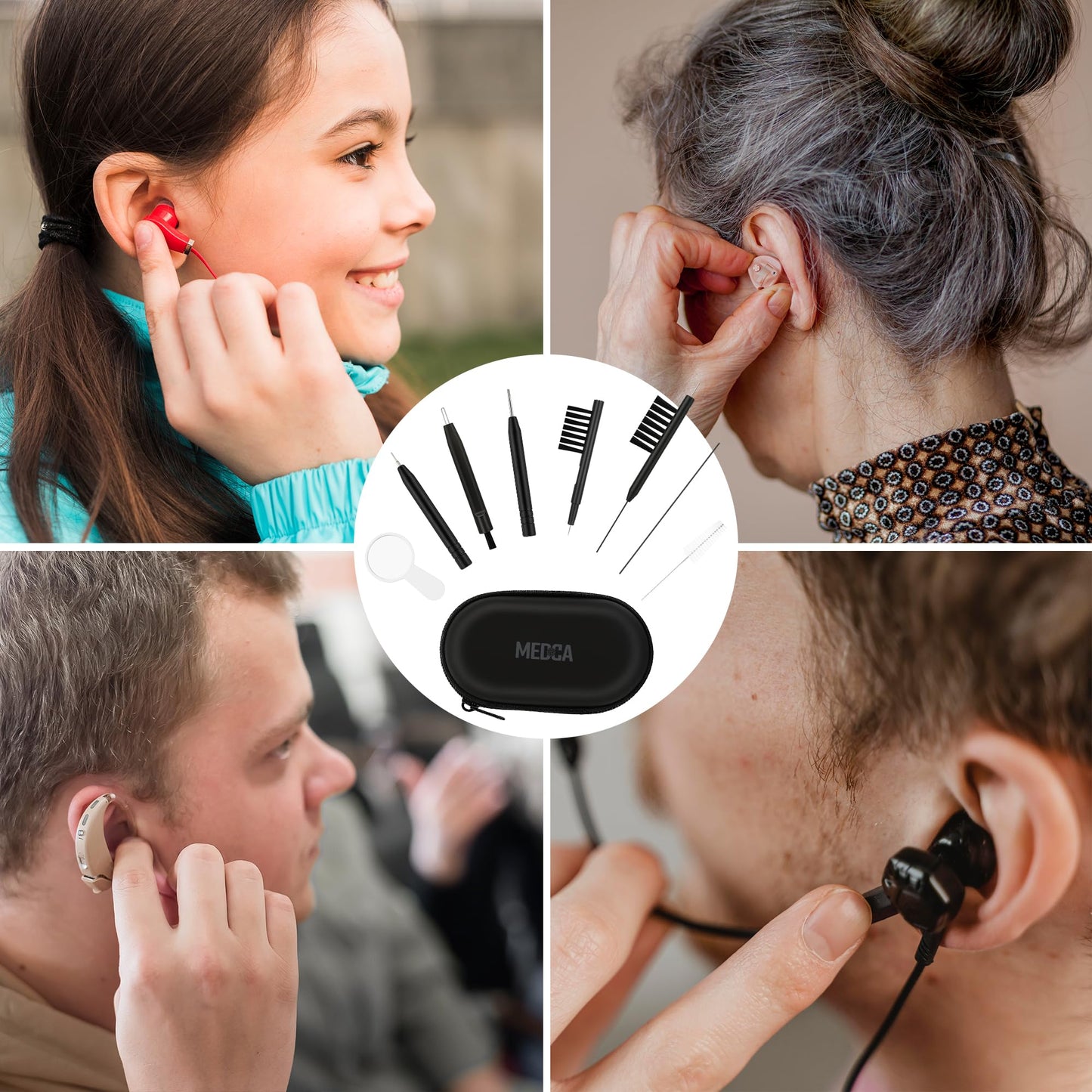 Hearing Aid Cleaning Kit - 20 Piece Tool Set with Case, 10 Hearing Aid Cleaner Wipes, and Magnifying Glass for Hearing Aids, Earbuds, Headphones, Ear Molds, Amplifiers & Small Electronics