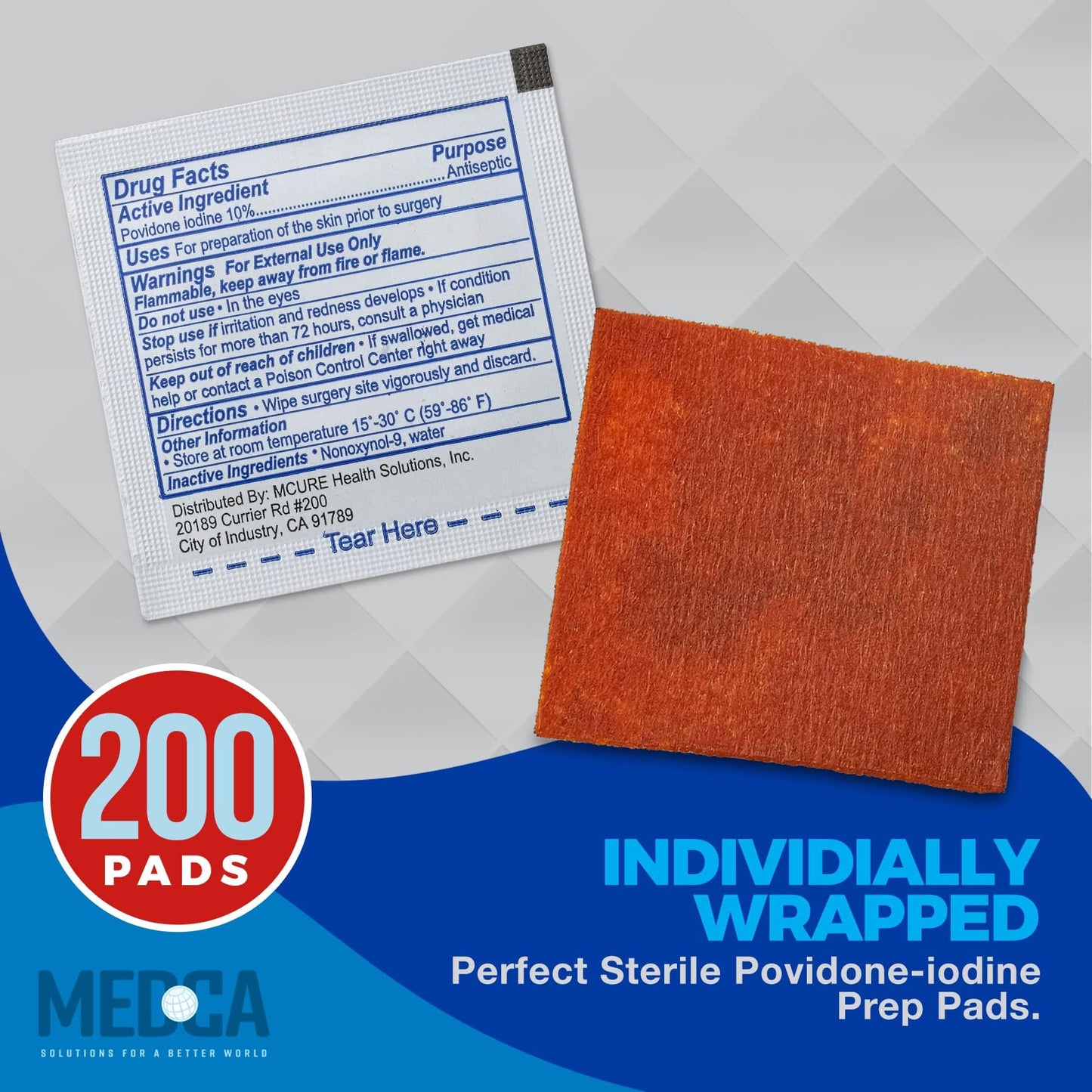Iodine Prep Pads - (Box of 200 Count) Iodine Prep Solution Pads, 10% Povidone Iodine Swabs for Individual Disinfecting Wipes, Disposable Cotton Antiseptic Surgical Pad for Wound Care, and First Aid