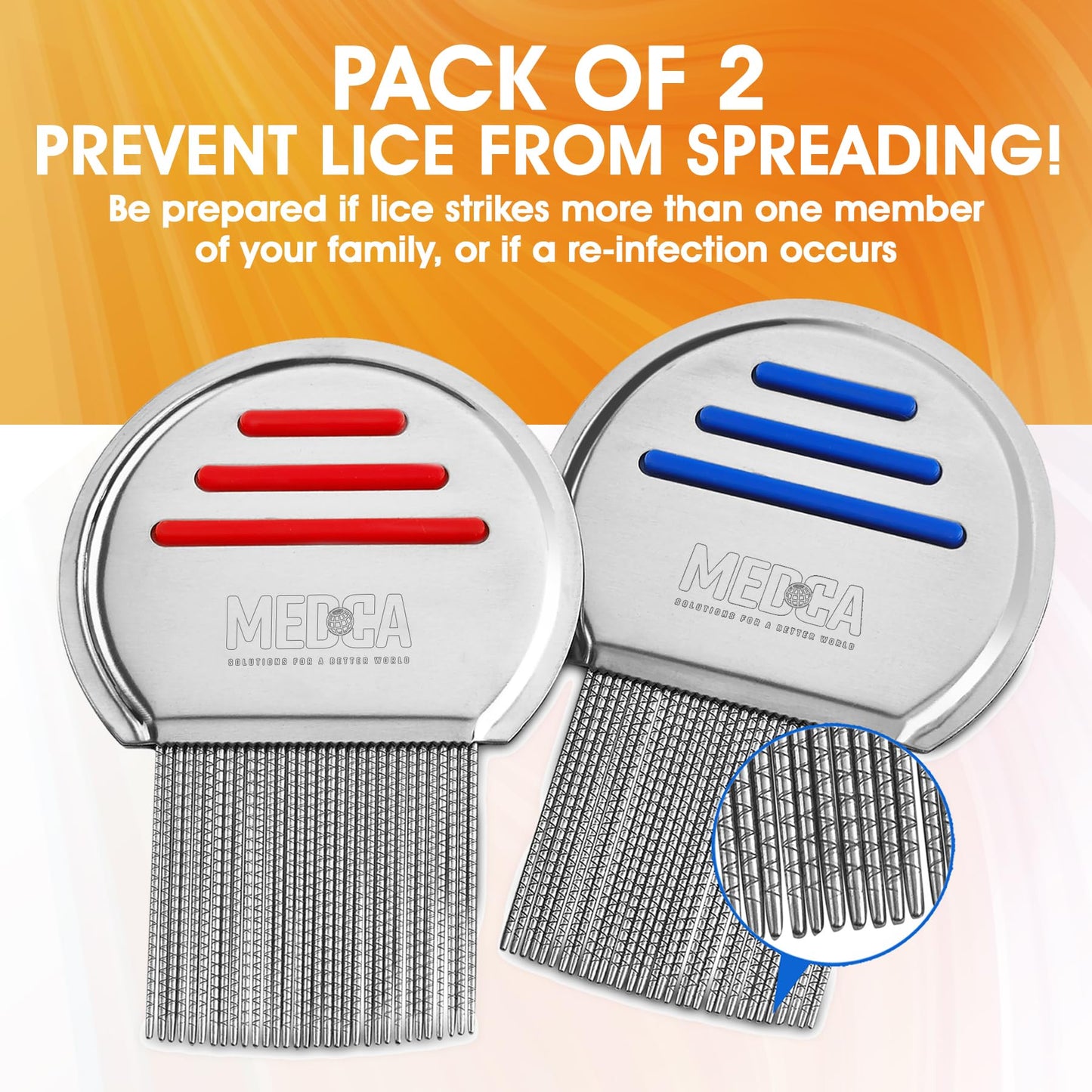 Lice Comb - (Pack of 2) Stainless Steel Professional Lice Combs and Head Lice Treatment to Effectively Get Rid of Hair Lice and Nits, Best Results for Infection and Re-infection in Kids & Adults