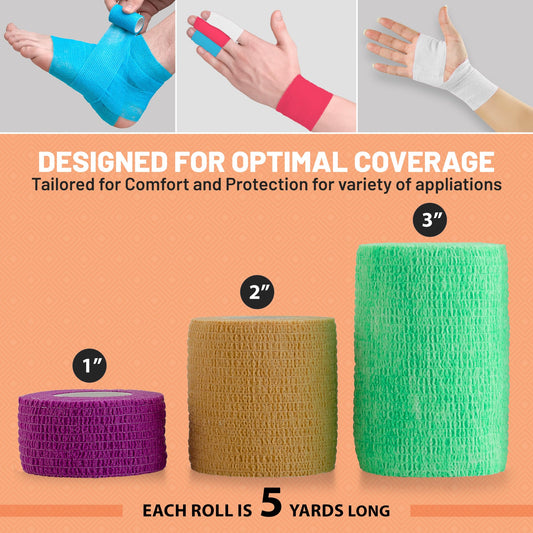 Self Adherent Cohesive Tape Rolls - Pack of 12 - 1" 2" 3"x5 Yards Combo Pack, Self Adhesive Bandage Rolls & Sports Athletic Wrap for Ankle, Wrist, Sprains and Swelling, Vet Wraps (Bright Neon Colors)