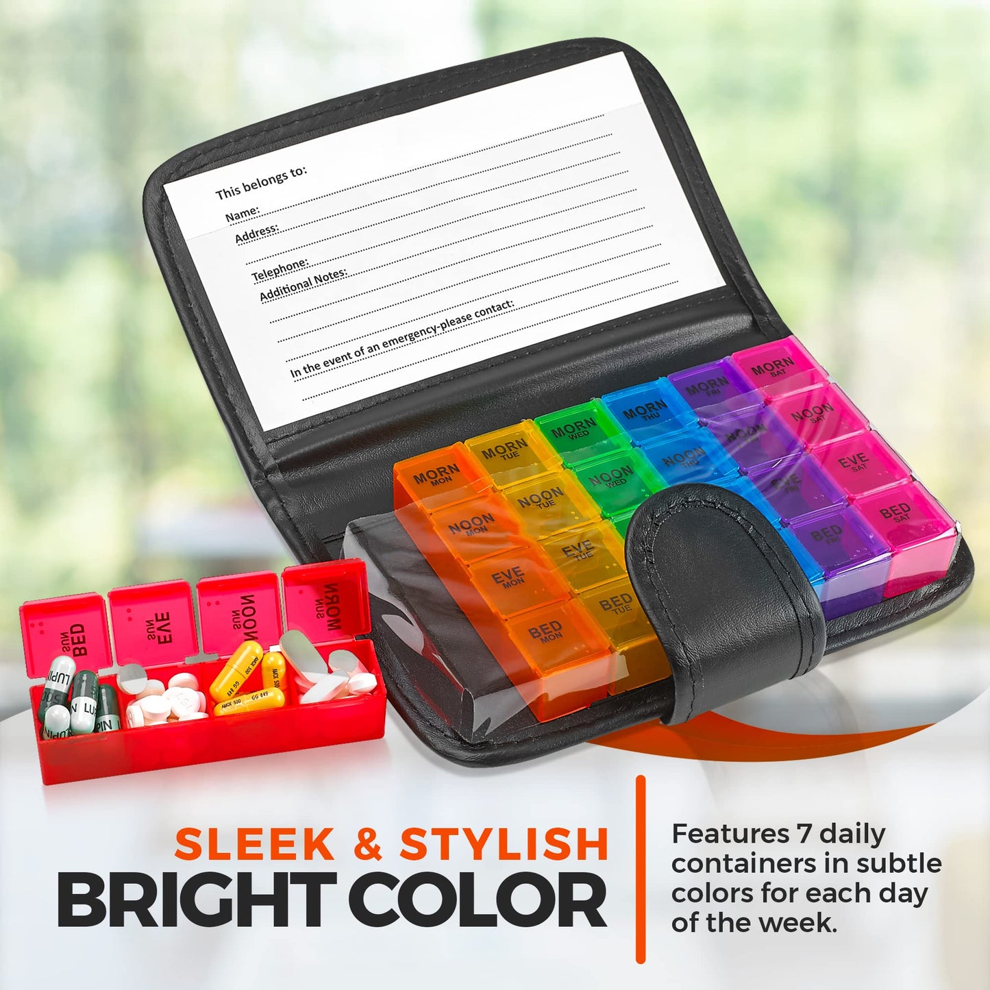 Weekly Travel Pill Organizer - Prescription and Medication Wallet Pill Box Reminder, a Extra Large Pill Container Dispenser Case, Caddy Organizer, for 4 Times A Day, 7 Days a Week, 7.5 x 4.5 Inches