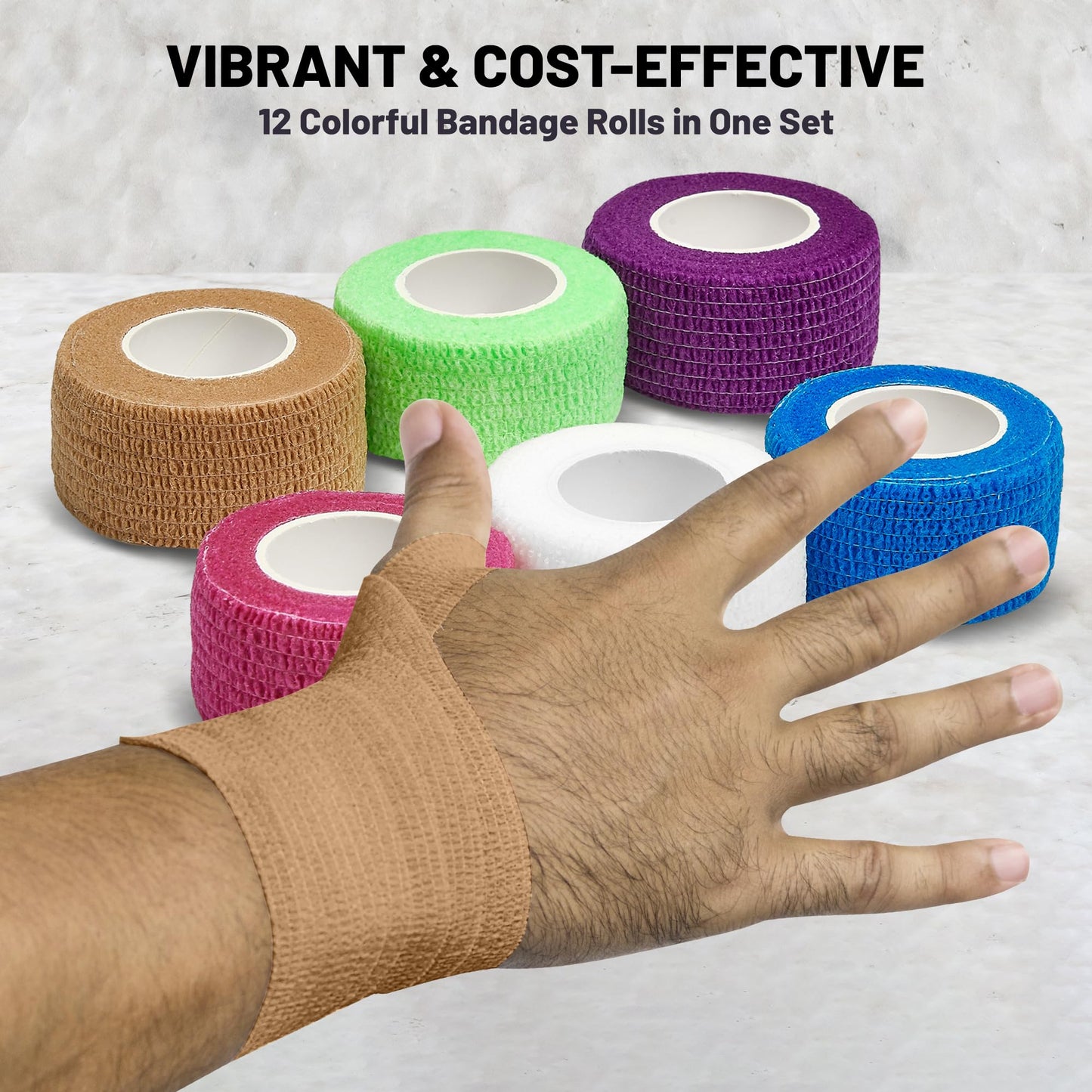 Self Adherent Cohesive Wrap Bandages - (Pack of 12 Rolls) 1 Inch X 5 Yards with Strong Elastic and Colorful First Aid Tape for Sprain Swelling and Soreness on Wrist and Ankle (Rainbow Color)