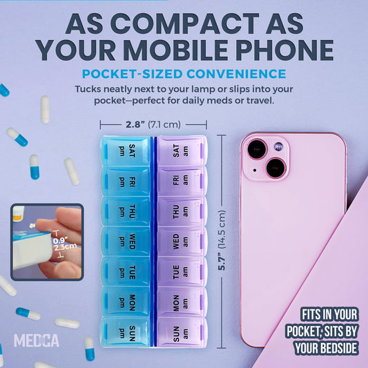 MEDca Pill Organizers - Small Pill Organizer with Weekly and Daily 2-Times-A-Day Compartments for AM / PM - BPA-Free, Portable and Travel Friendly Pill Boxes Case