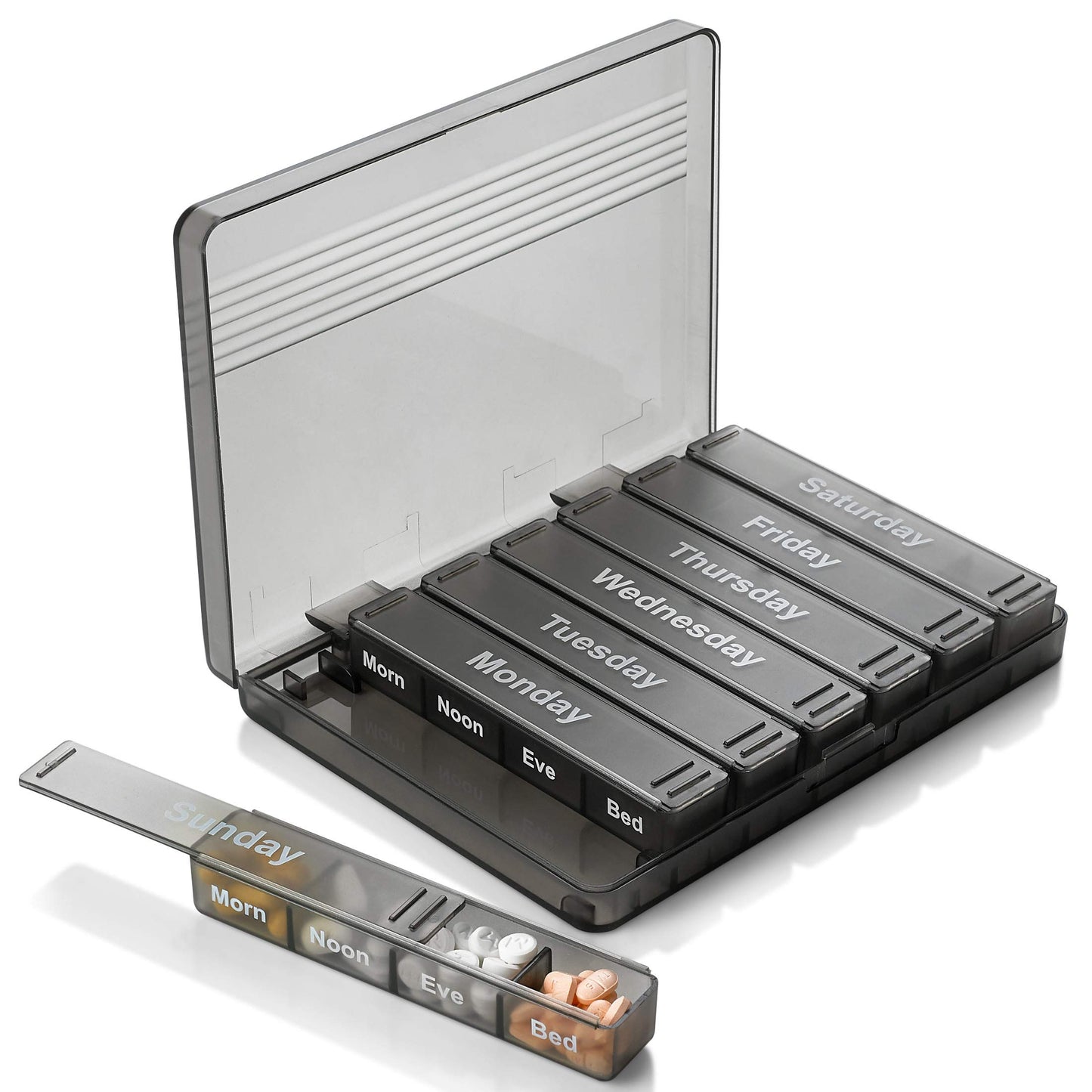 Weekly Pill Organizer - 7-Day Pill Case w/ Removable Daily 4 Times-a-Day Pill Cases - Large AM/PM Medicine Pill Box for Medications Pills Vitamins & Supplements - Easy to Read Labels Monday to Sunday