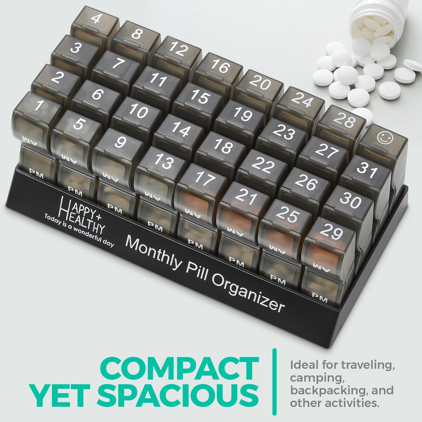 Monthly Pill Organizer - Am/Pm Daily Pill Organizer 32 Compartments for Each Day, Pill Dispenser and Dispenser Caddy That Helps You Organize Your Life, Perfect for Supplements and Medication, Black