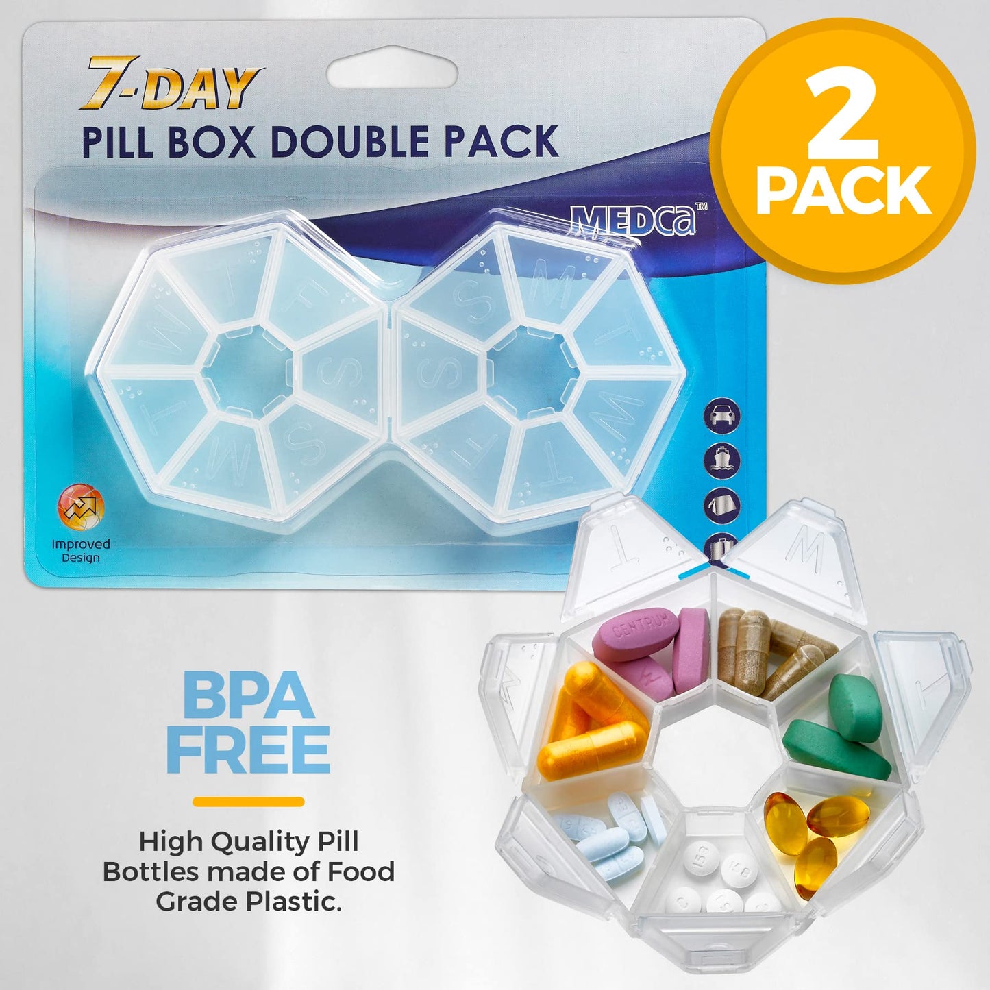 MEDca Weekly Pill Organizer Clear 7-Sided Pill Reminder, Round Shaped PACK OF 2