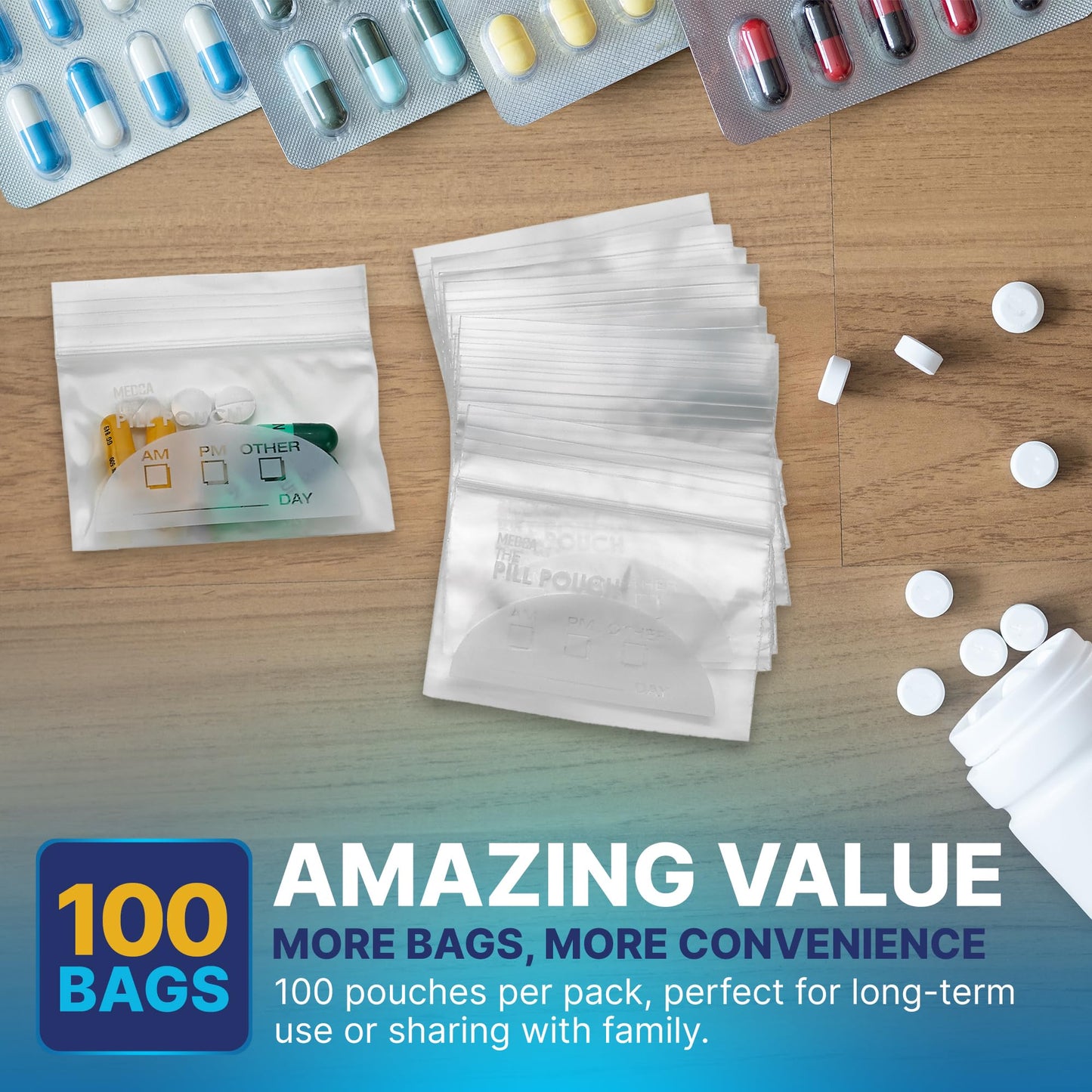 Pill Pouch Bags - (Pack of 100) 3" x 2.75" Pill Baggies and Disposable Plastic Travel Pill Bags with Write-on Labels