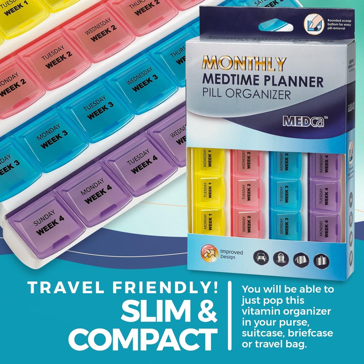 Monthly Pill Organizer - 28 Day Monthly Pill Planner to Separate Pills & Vitamins Week to Week, Travel Medication Reminder Daily Monday to Sunday Compartments