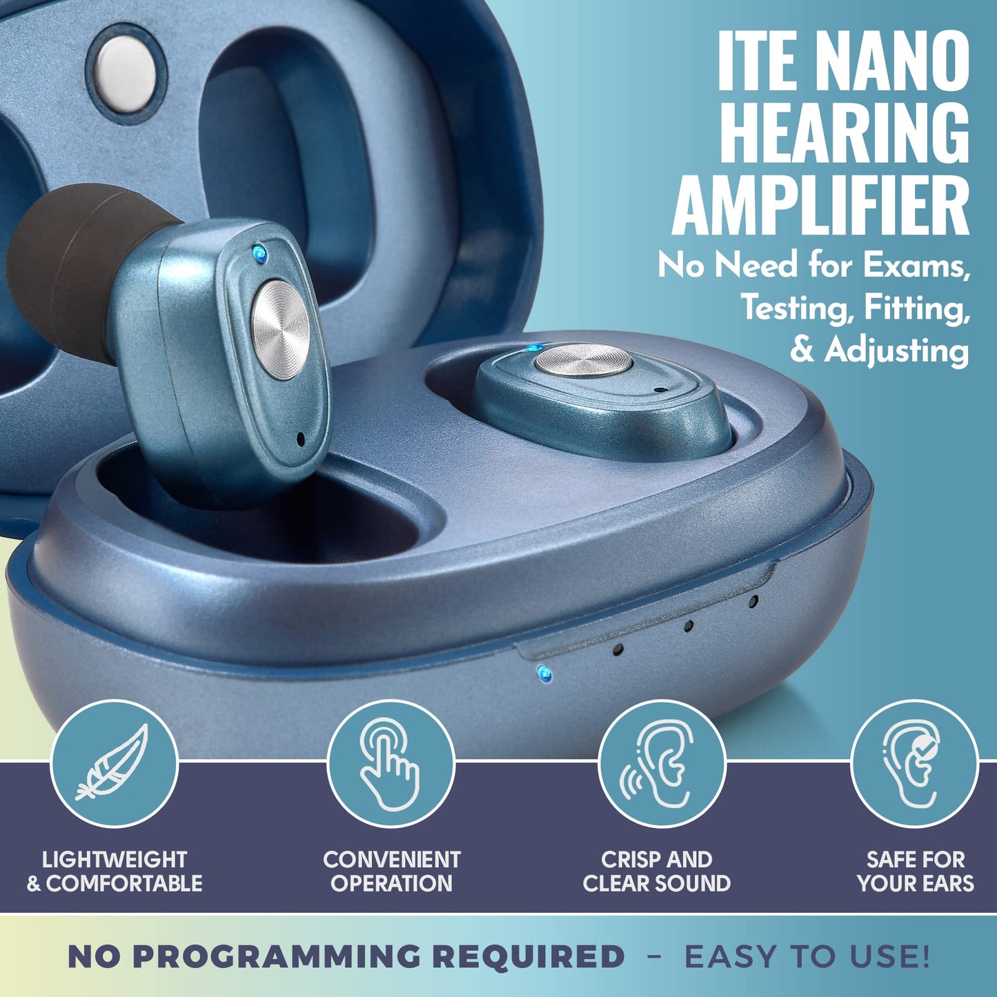 Rechargeable Hearing Amplifier Pair w/ Noise Cancelling, Digital Sound Device for Seniors & Adults - ITC Nano Personal Amplifier - One Touch Control & Low Sound Distortion Hearing Assist Device, Blue