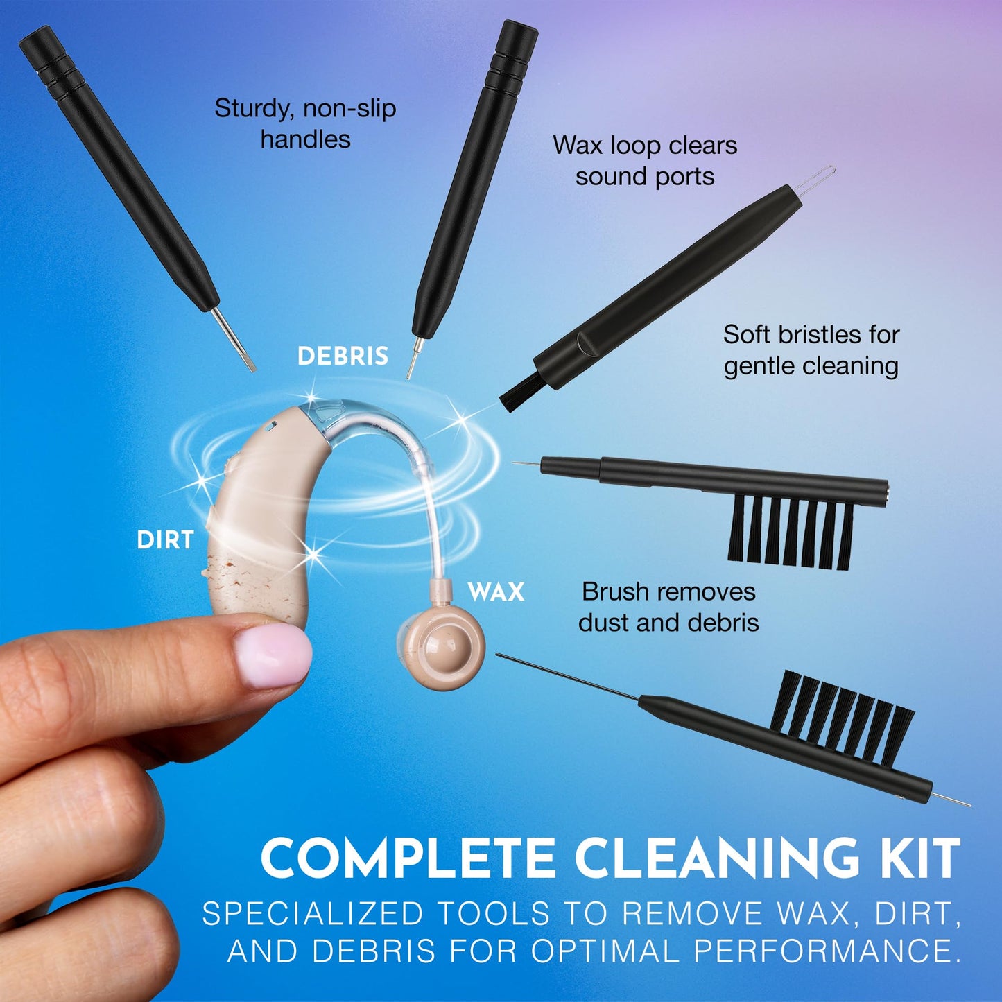 Hearing Aid Cleaning Kit - 20 Piece Tool Set with Case, 10 Hearing Aid Cleaner Wipes, and Magnifying Glass for Hearing Aids, Earbuds, Headphones, Ear Molds, Amplifiers & Small Electronics