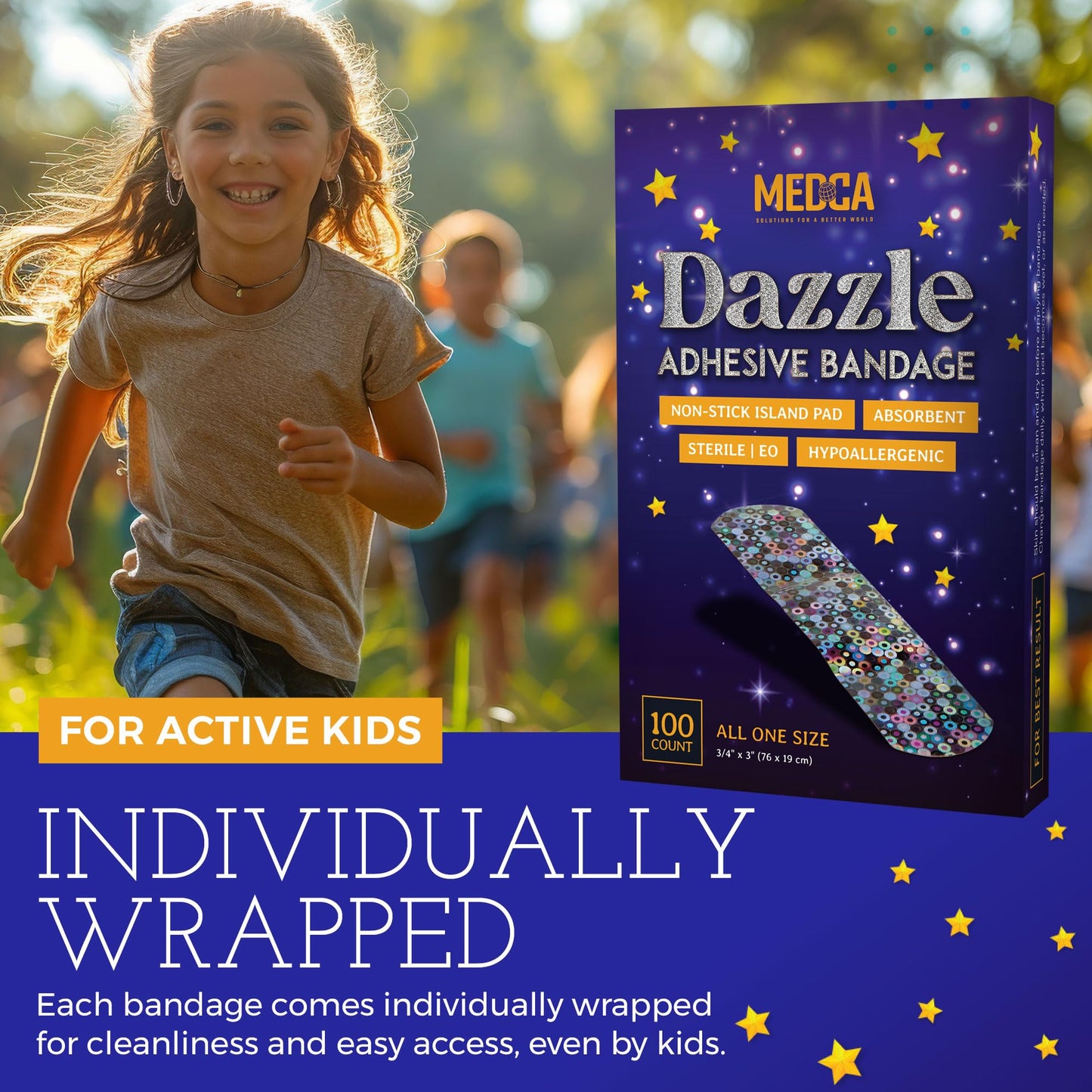 Glitter Bandages for Kids -(200 Count Box) Adhesive Bandage Strips w/Colorful Glitter Design & Latex-Free Individually Wrapped Strips for First Aid, Wound Care, Minor Cuts