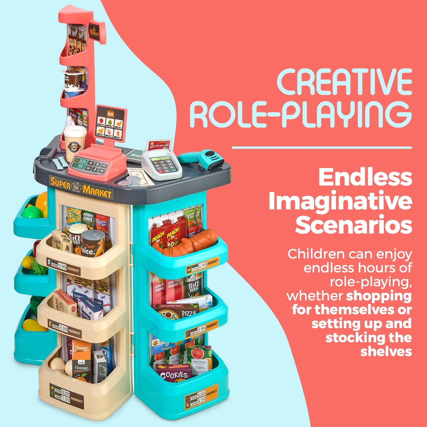 MEDca Kids Play Supermarket Set with Scanner - Pretend Play Grocery Shop Set - 47 Piece Complete Playset with Cash Register Credit Card Machine Scanner Shop Trolley and Food Gift for Boys and Girls